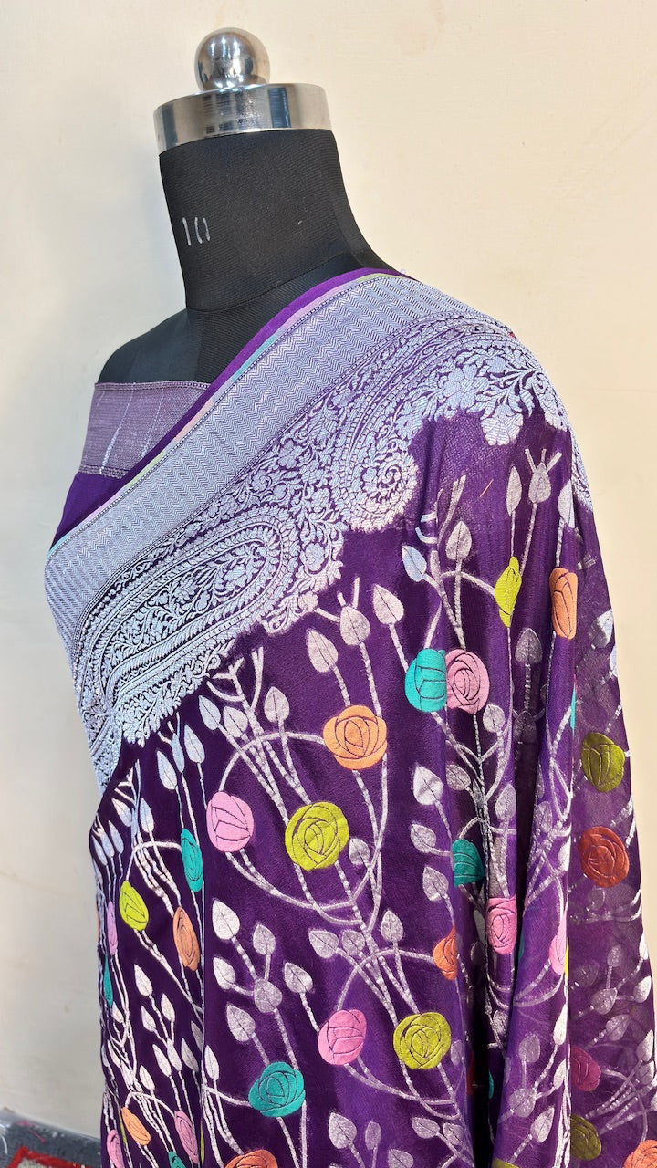 Purple Banarasi Pure Chiffon Silk Saree