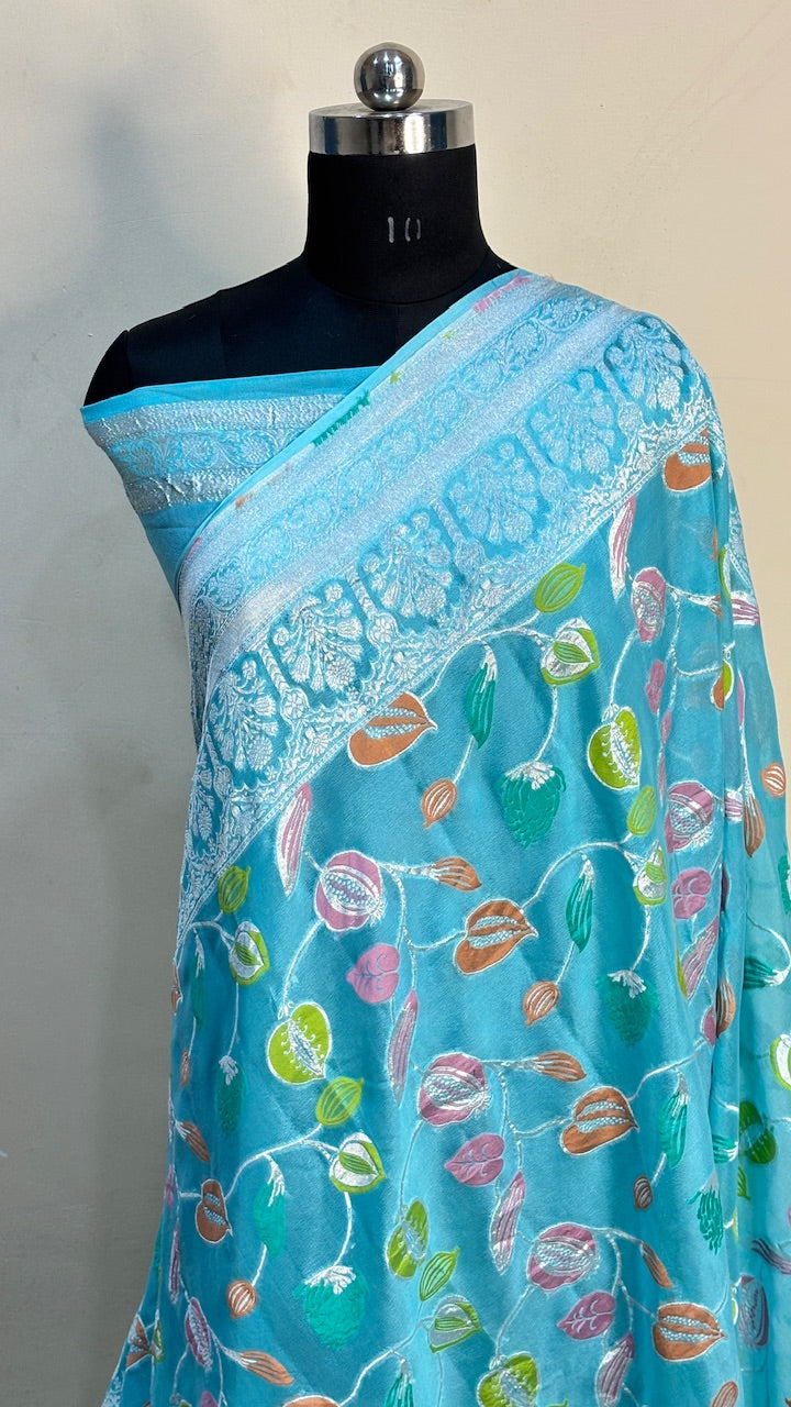 Blue Banarasi Pure Chiffon Silk Saree