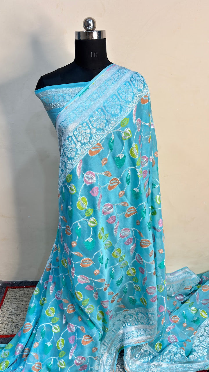 Blue Banarasi Pure Chiffon Silk Saree
