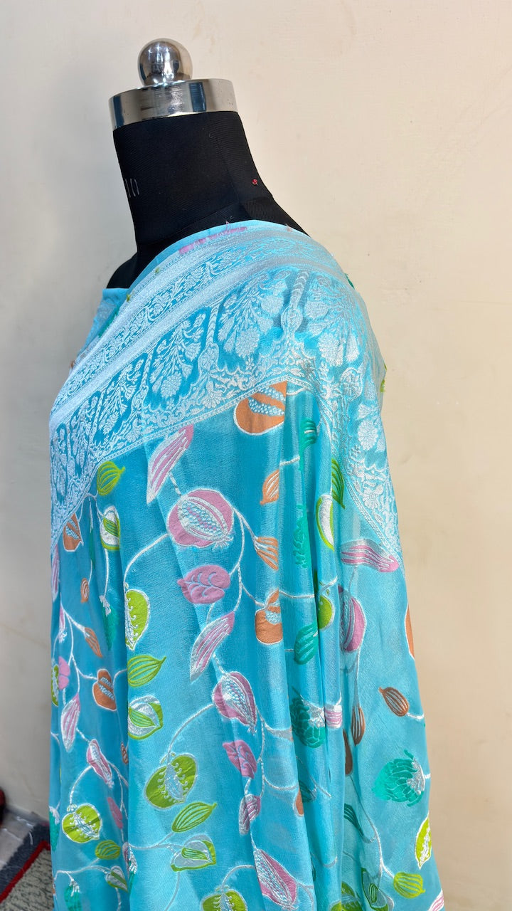Blue Banarasi Pure Chiffon Silk Saree