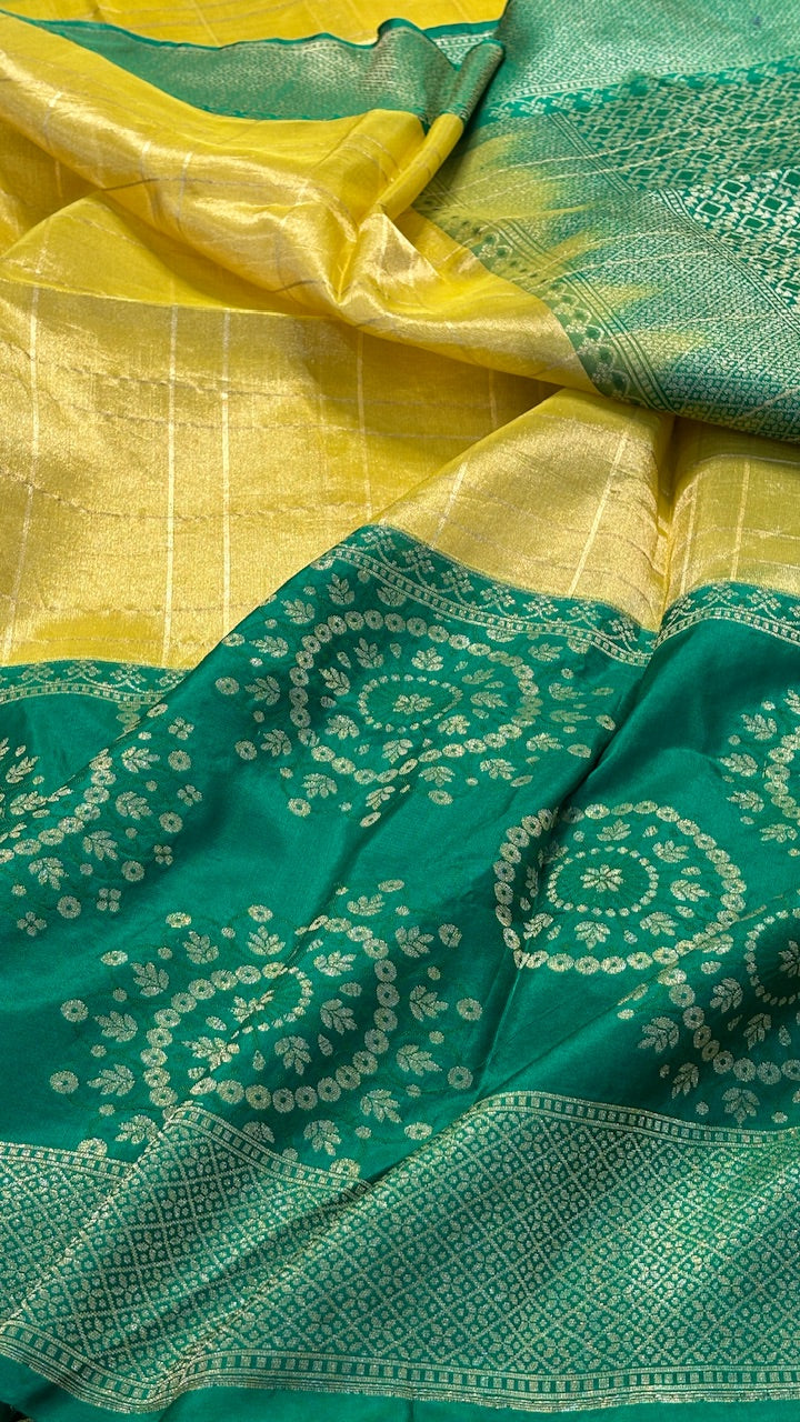 Yellow With Emerald green Border Tissue Banarasi Silk Handwoven Saree