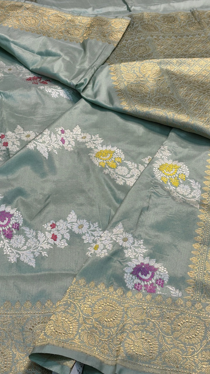 Dusty Mint Green Pure Banarasi Katan Silk Handwoven Saree