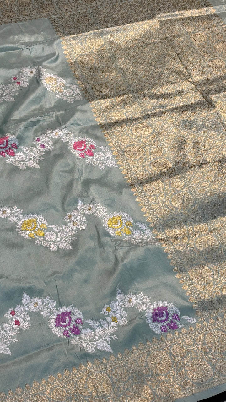 Dusty Mint Green Pure Banarasi Katan Silk Handwoven Saree