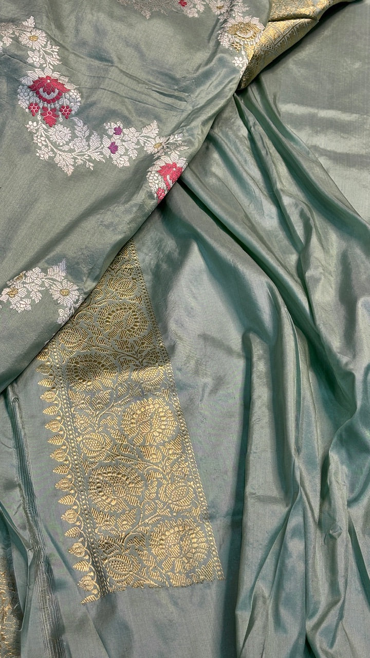 Dusty Mint Green Pure Banarasi Katan Silk Handwoven Saree