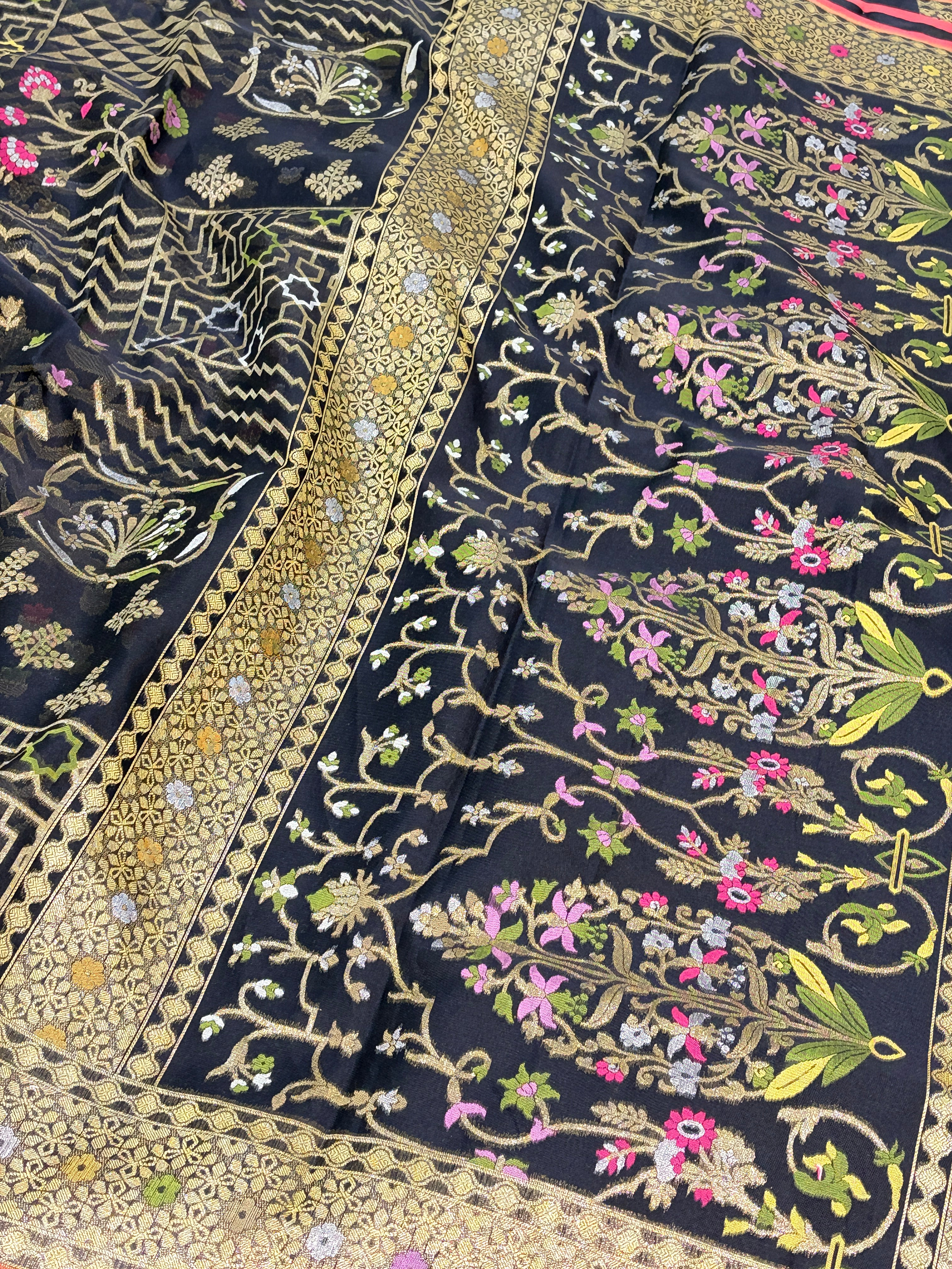 Black Handwoven Pure Banarasi Kora Jamdani Saree
