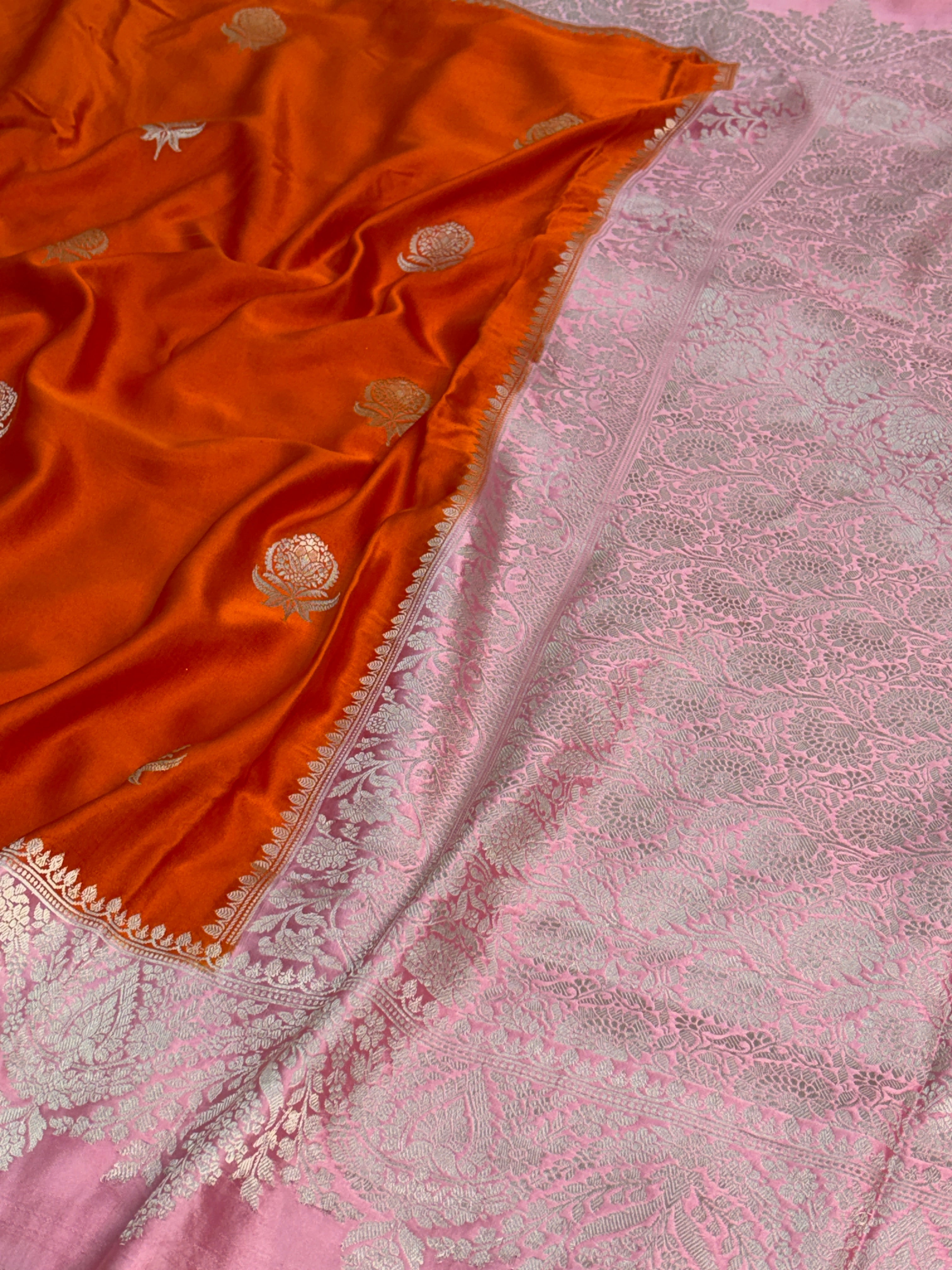 Orange Handwoven Pure Banarasi Mashru Satin Silk Saree