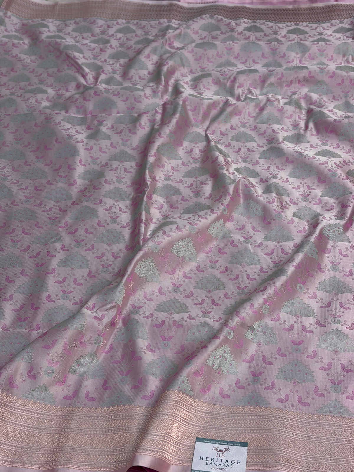 Pastel Pink Handwoven Pure Banarasi Satin Tanchoi Saree