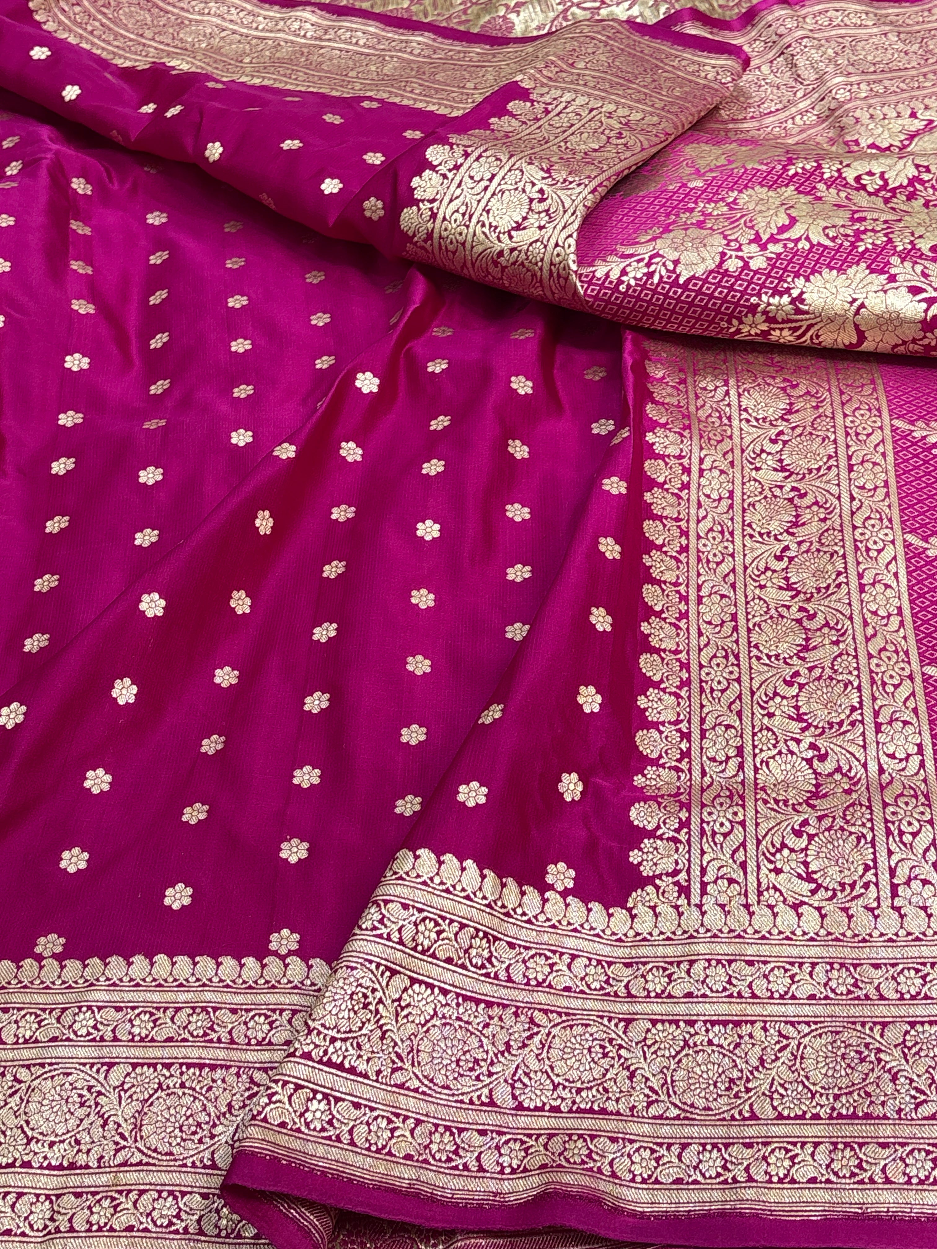 Rani Pink Handwoven Banarasi Satin Silk Saree with Chunri Buti