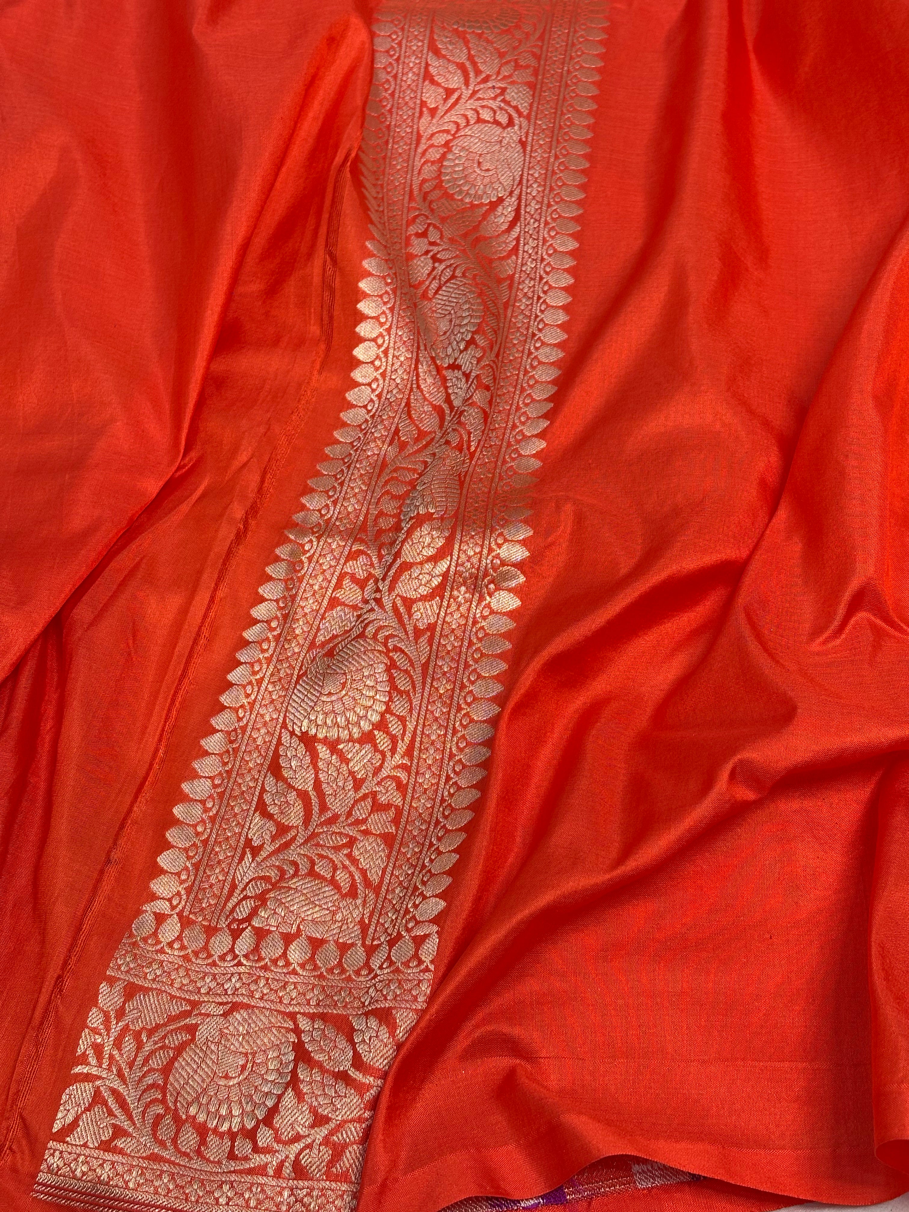Orange Handwoven Banarasi Pure Katan Silk Meenakari Jaal Weaving saree