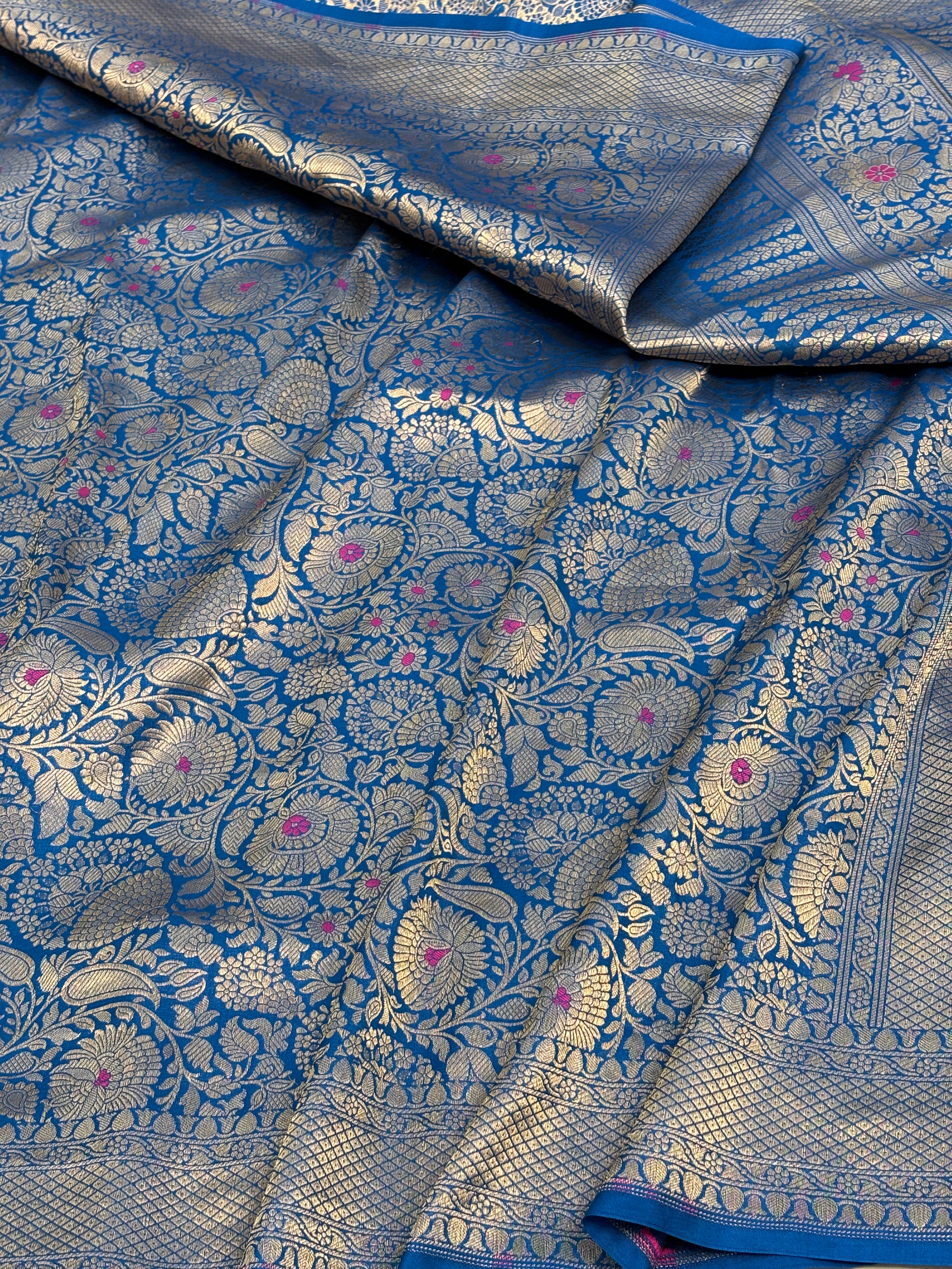 Blue Banarasi Pure Katan Silk Brocade Saree with Pink & Blue Meenakari Work