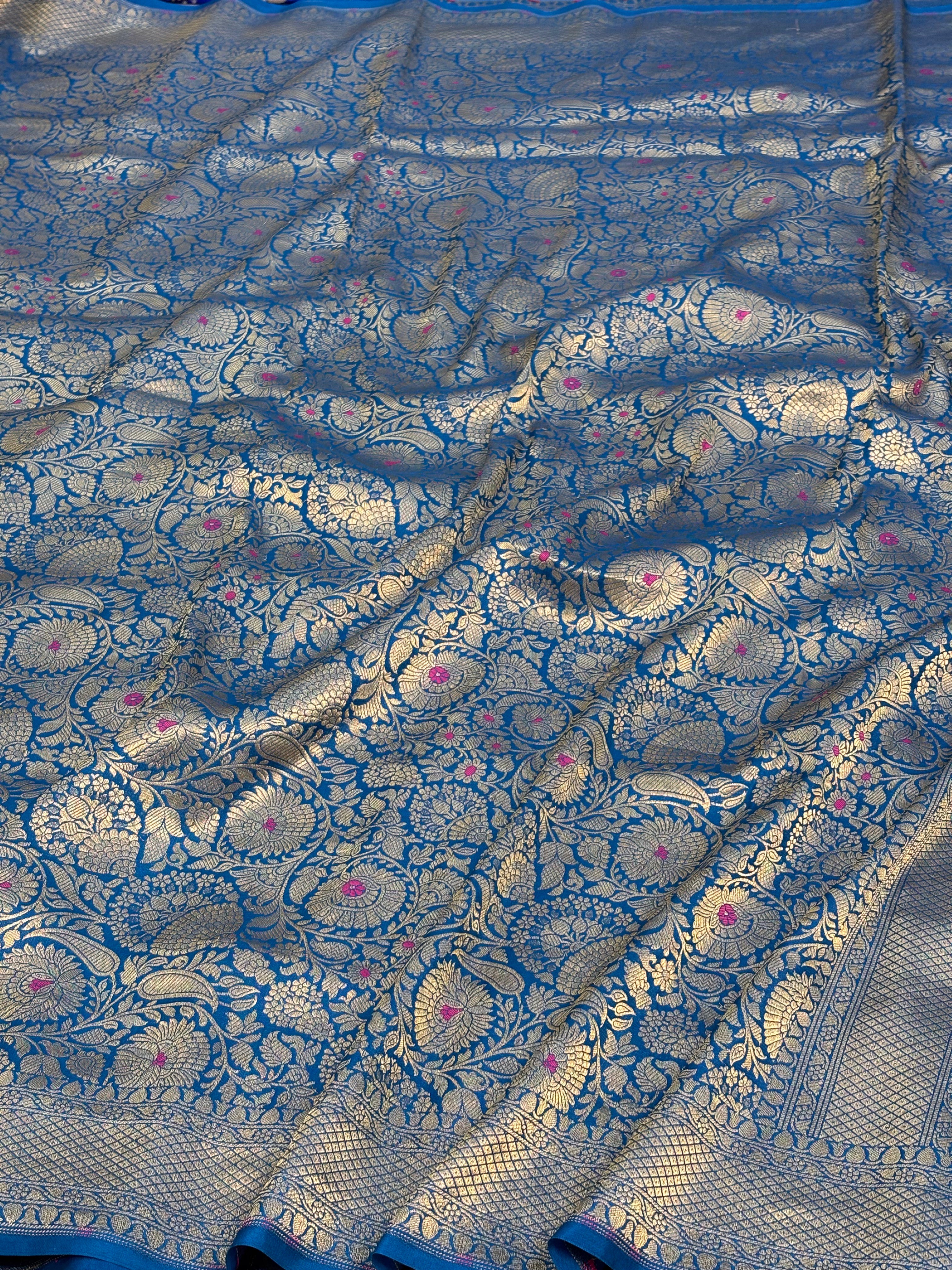Blue Banarasi Pure Katan Silk Brocade Saree with Pink & Blue Meenakari Work