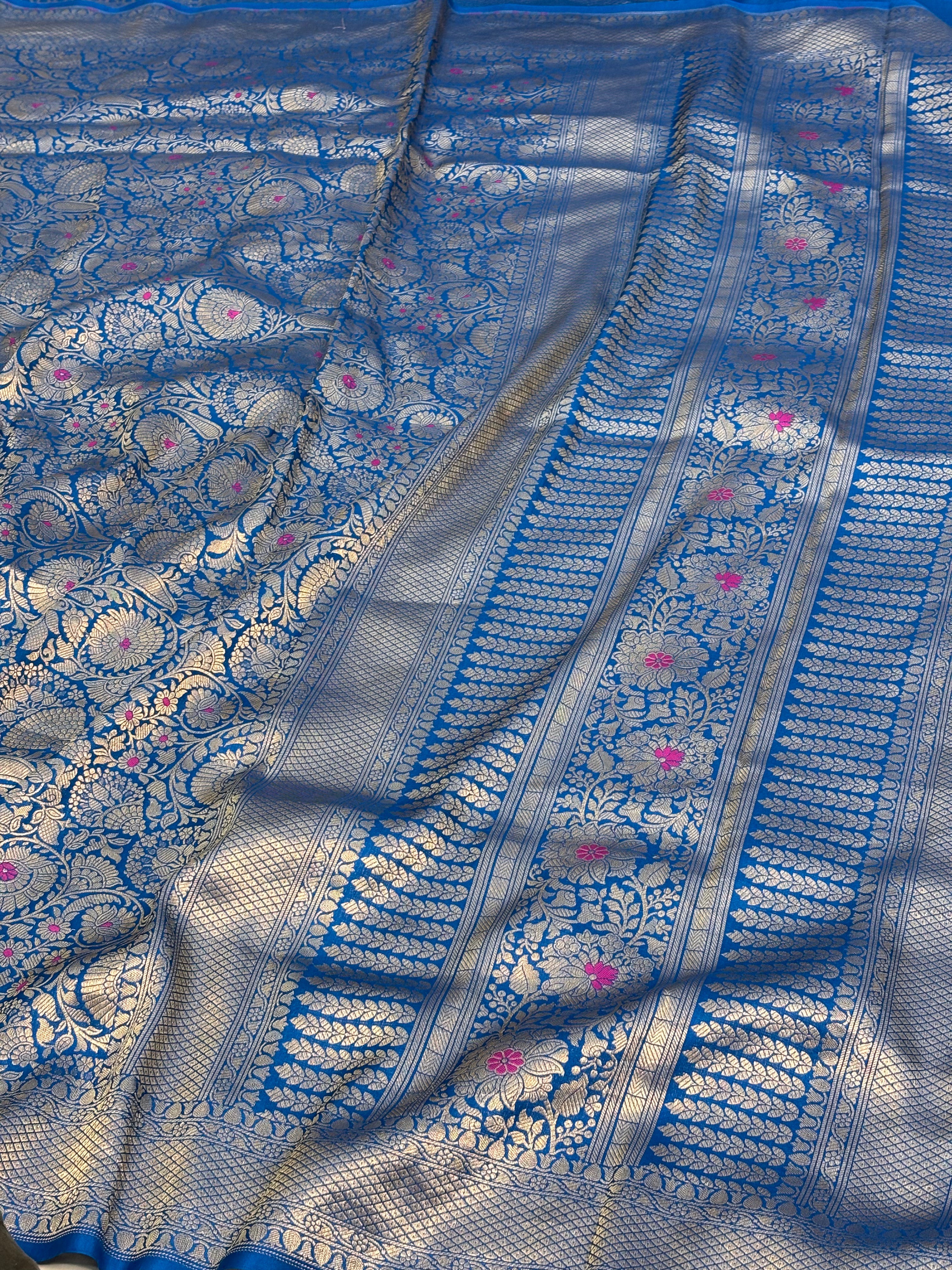 Blue Banarasi Pure Katan Silk Brocade Saree with Pink & Blue Meenakari Work