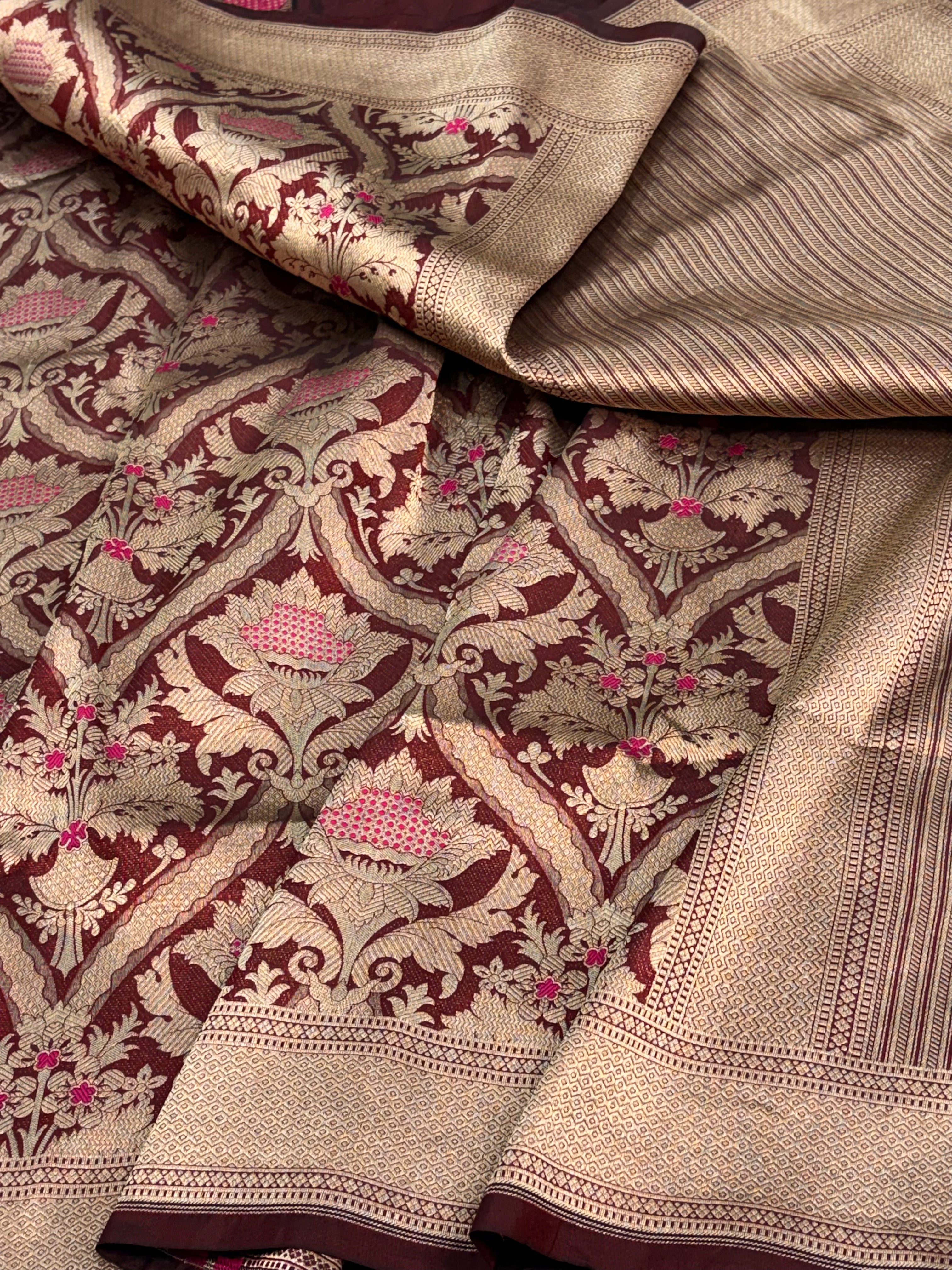 Wine Banarasi Pure Katan Silk Brocade Saree with Meenakari Work