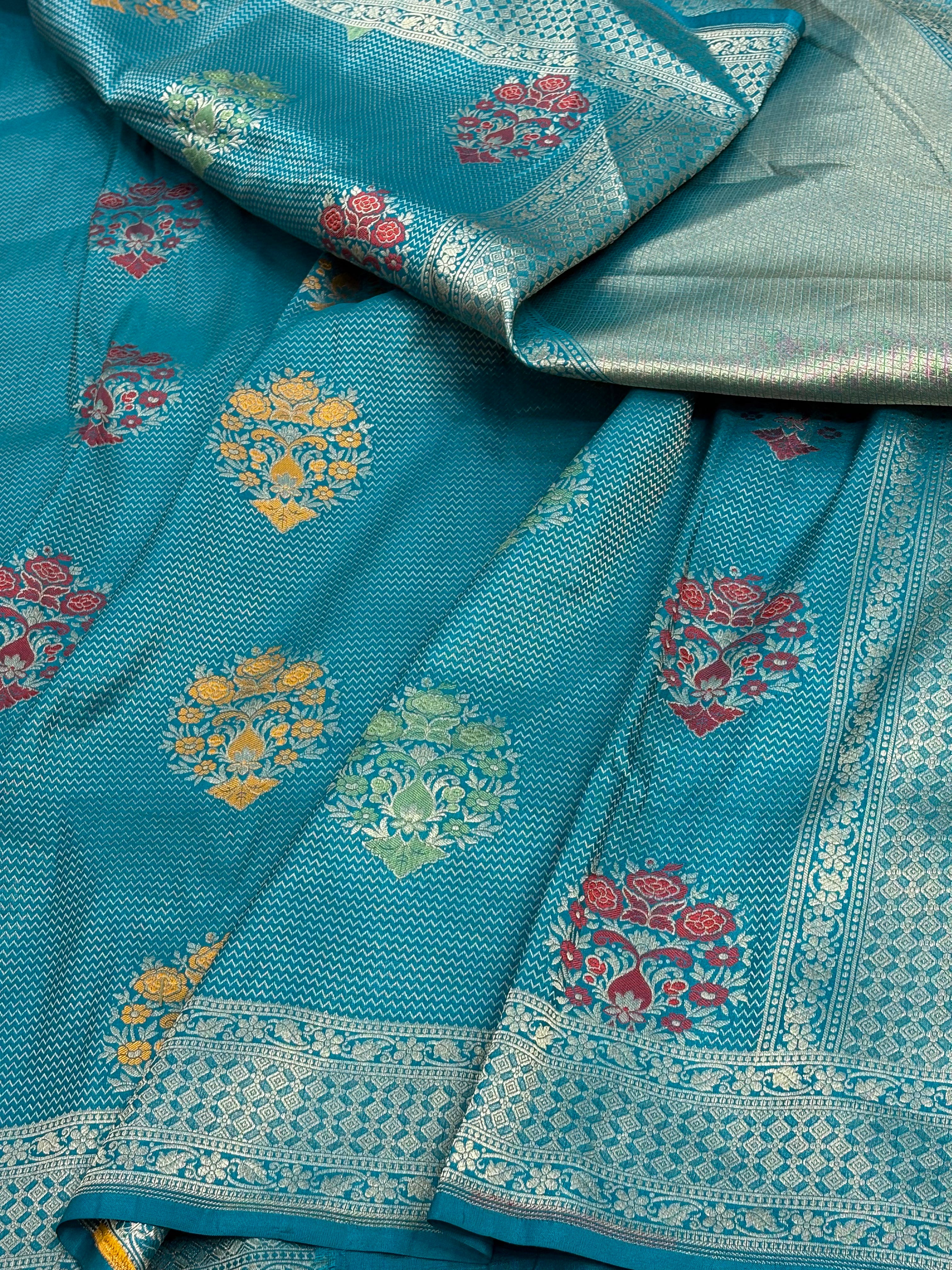 Teal Blue Banarasi Pure Katan Silk Brocade Saree with Meenakari Work