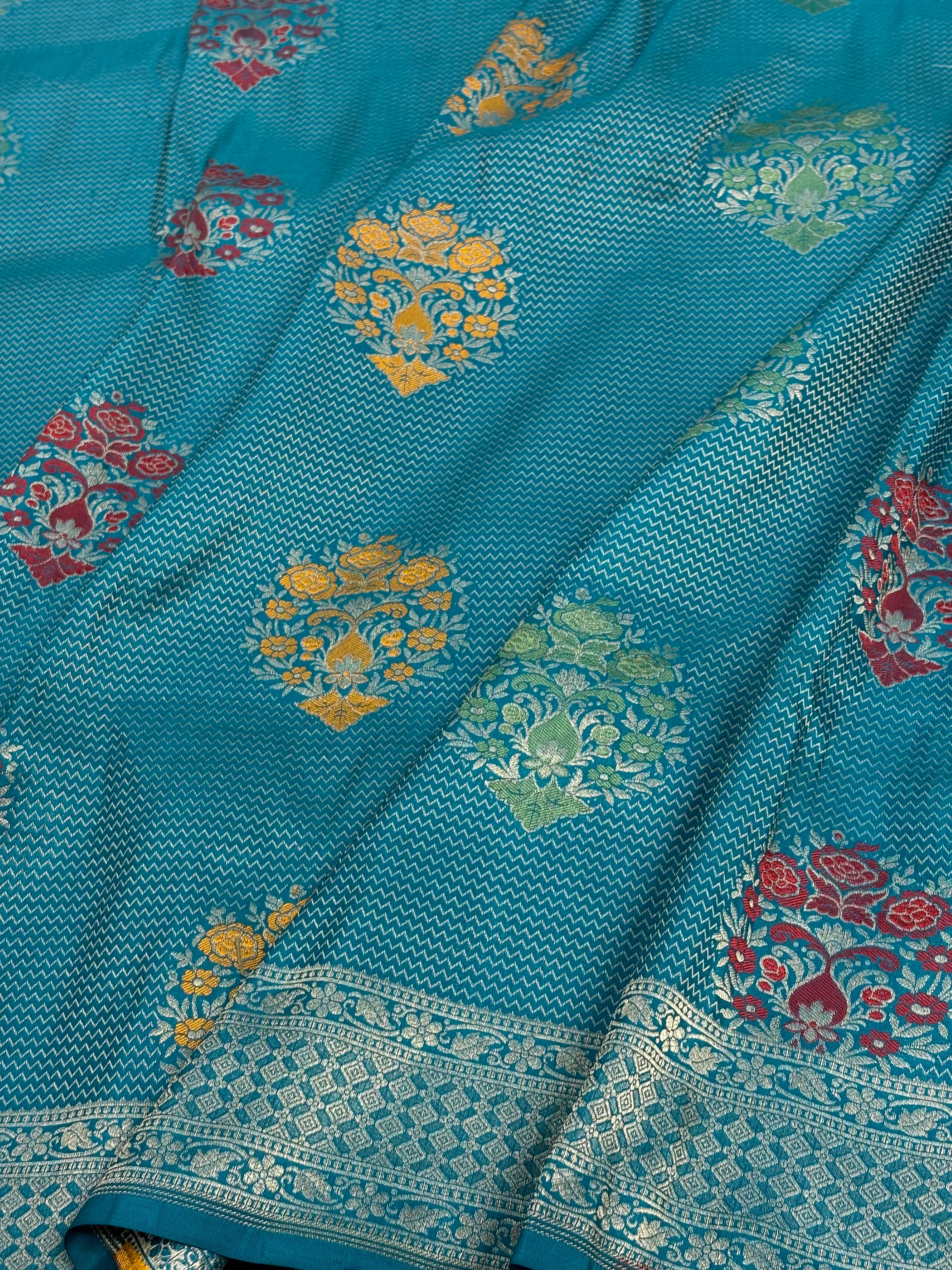 Teal Blue Banarasi Pure Katan Silk Brocade Saree with Meenakari Work