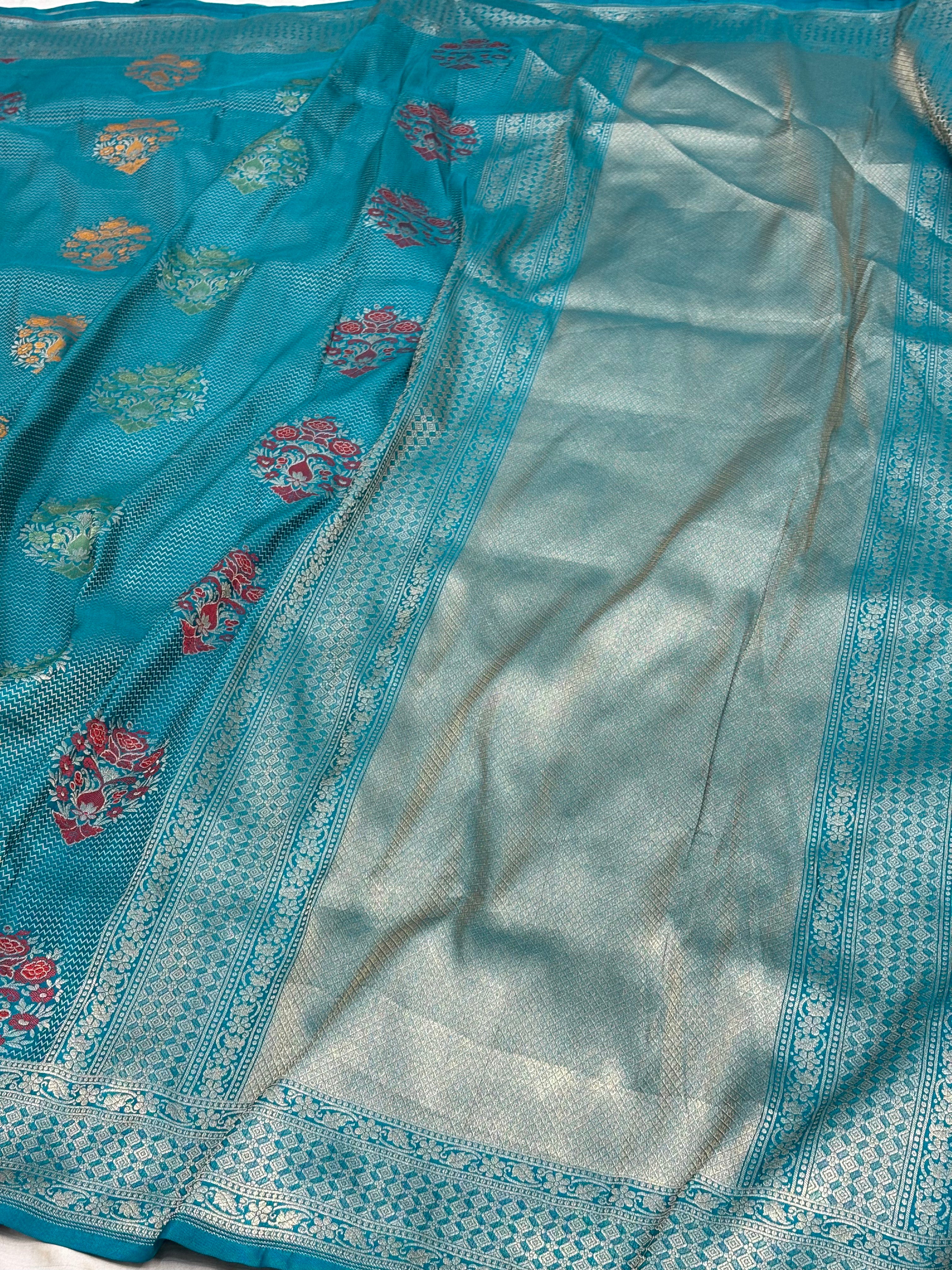 Teal Blue Banarasi Pure Katan Silk Brocade Saree with Meenakari Work