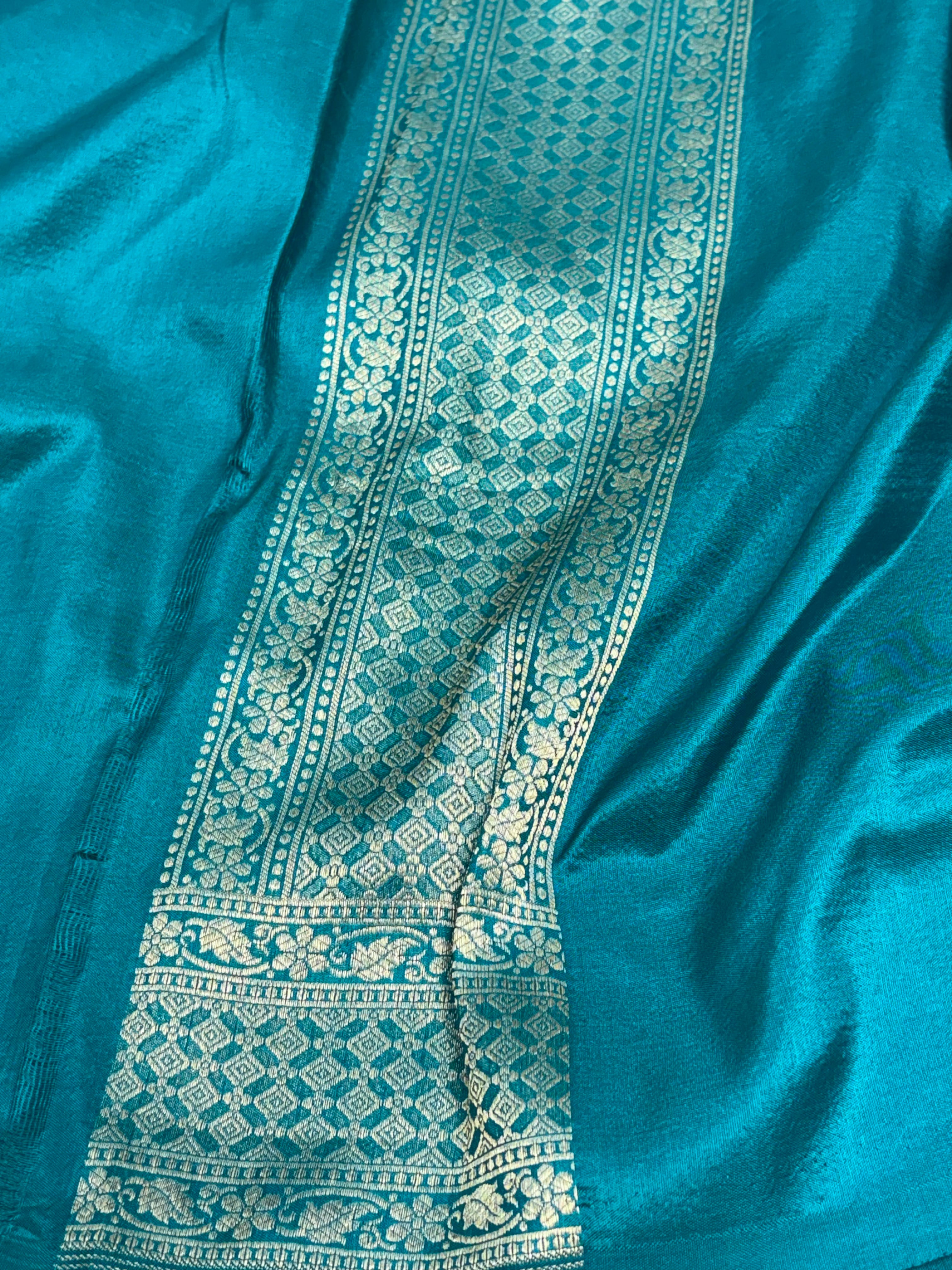 Teal Blue Banarasi Pure Katan Silk Brocade Saree with Meenakari Work