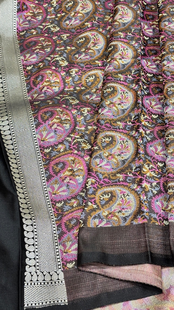 Black Pure Satin Silk Jamawar Handwoven Banarasi Saree