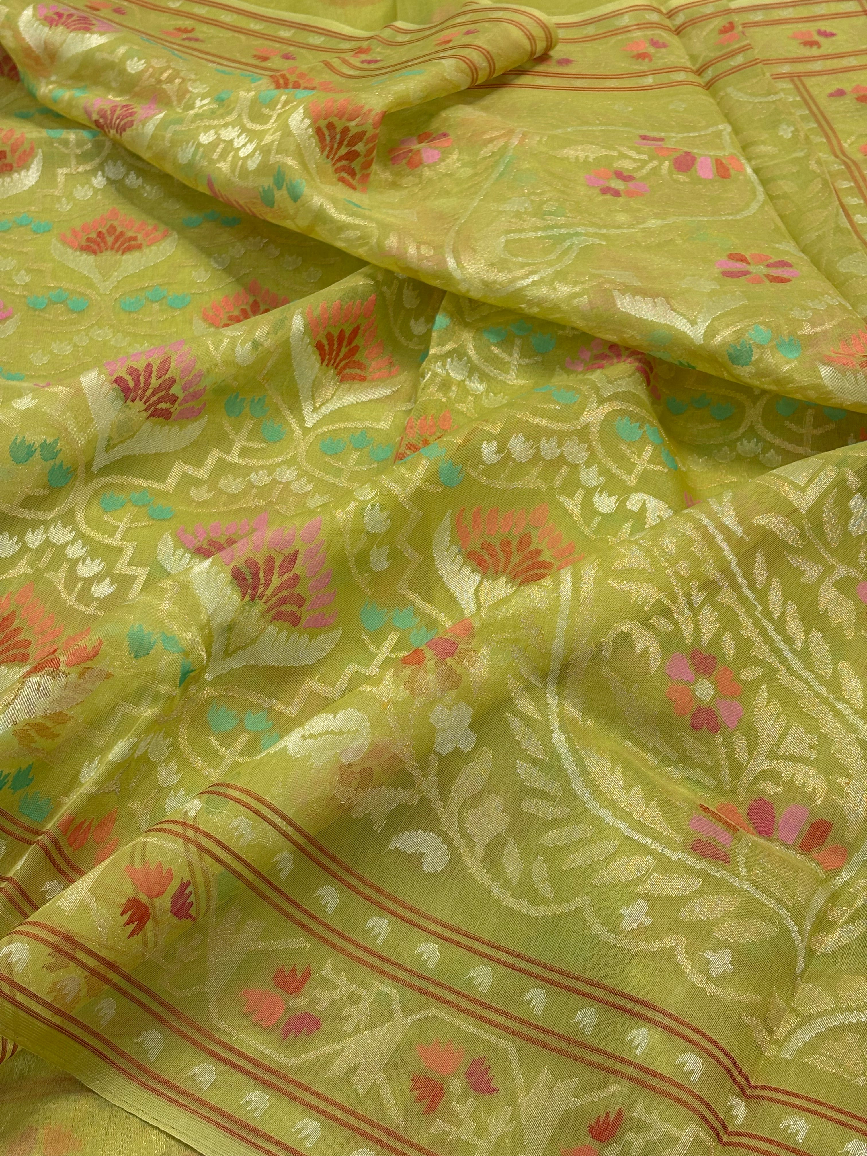 Lime Green Banarasi kora Handwoven Saree with Real Zari