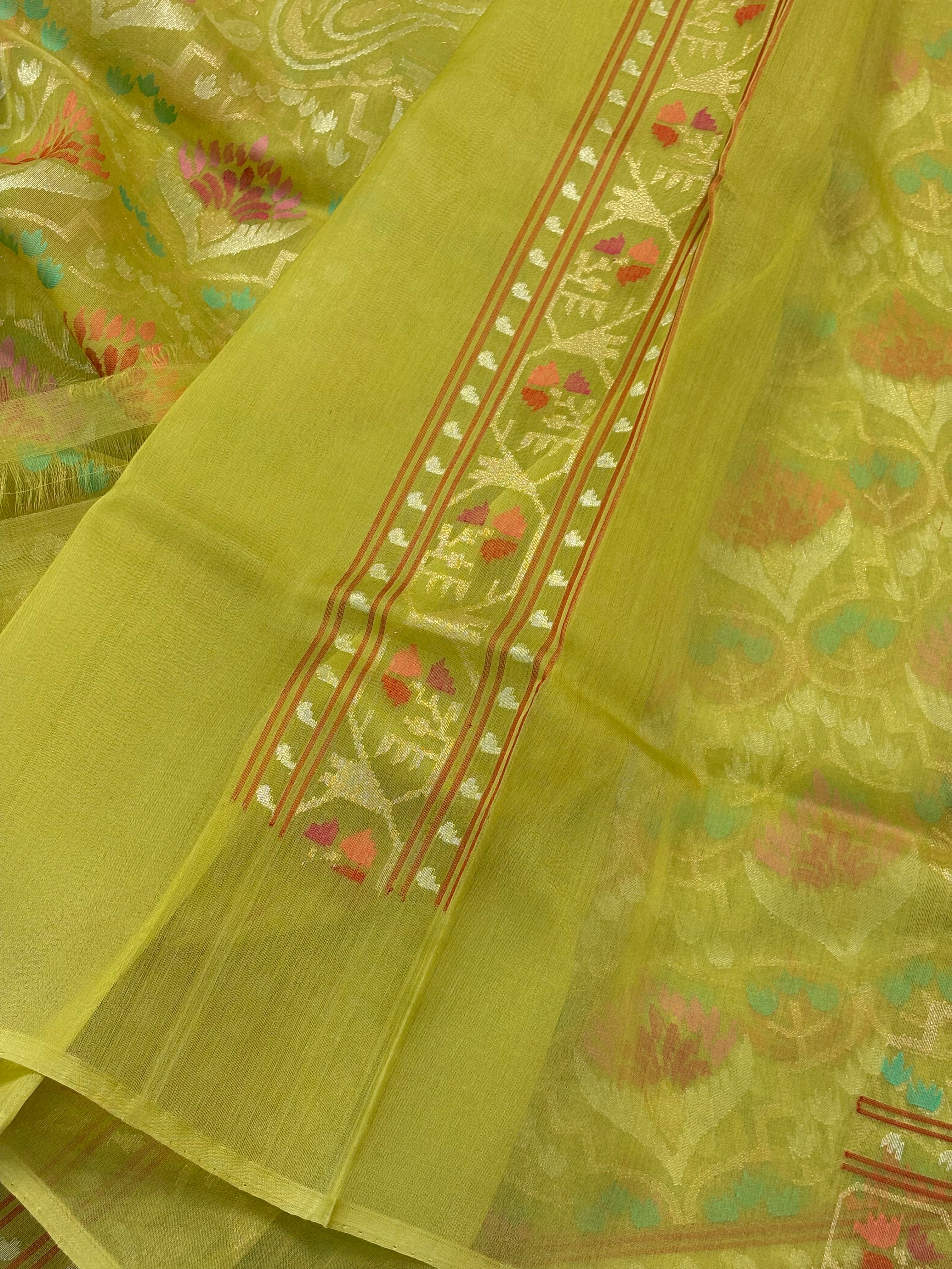 Lime Green Banarasi kora Handwoven Saree with Real Zari