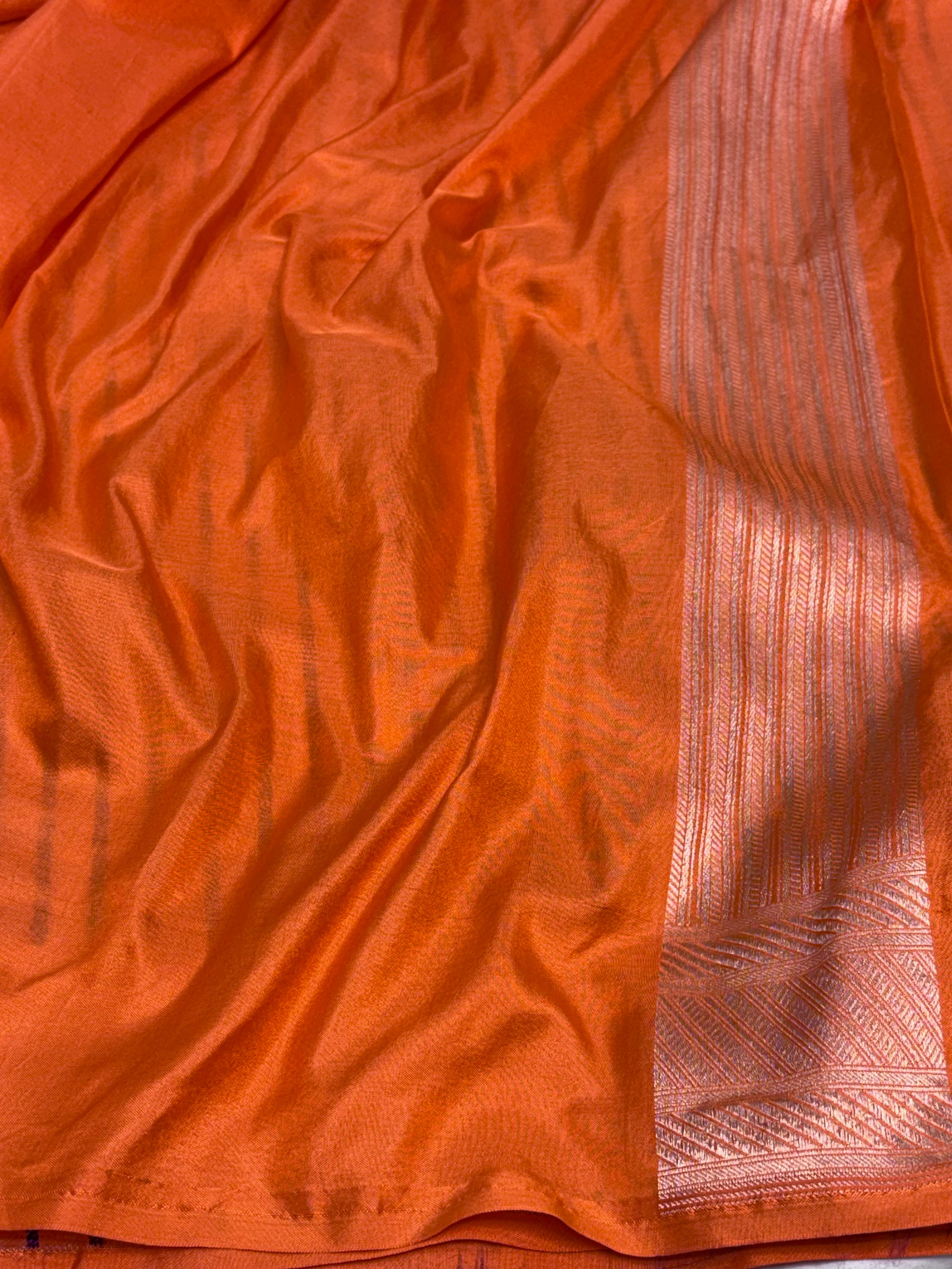 Orange Banarasi Pure Katan Silk Brocade Saree with Meenakari Buta Weaving