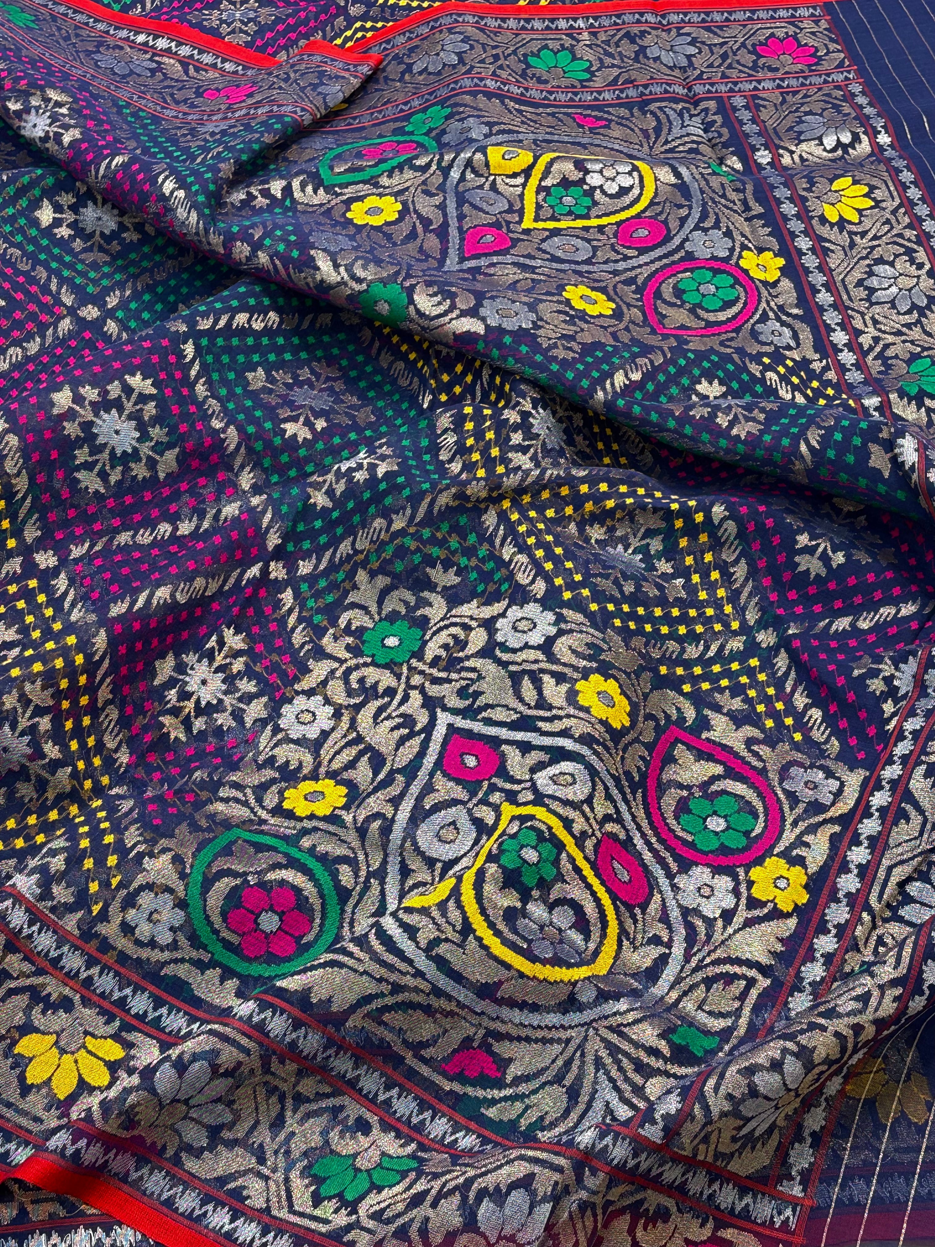 Navy Blue Banarasi kora Handwoven Saree with Real Zari