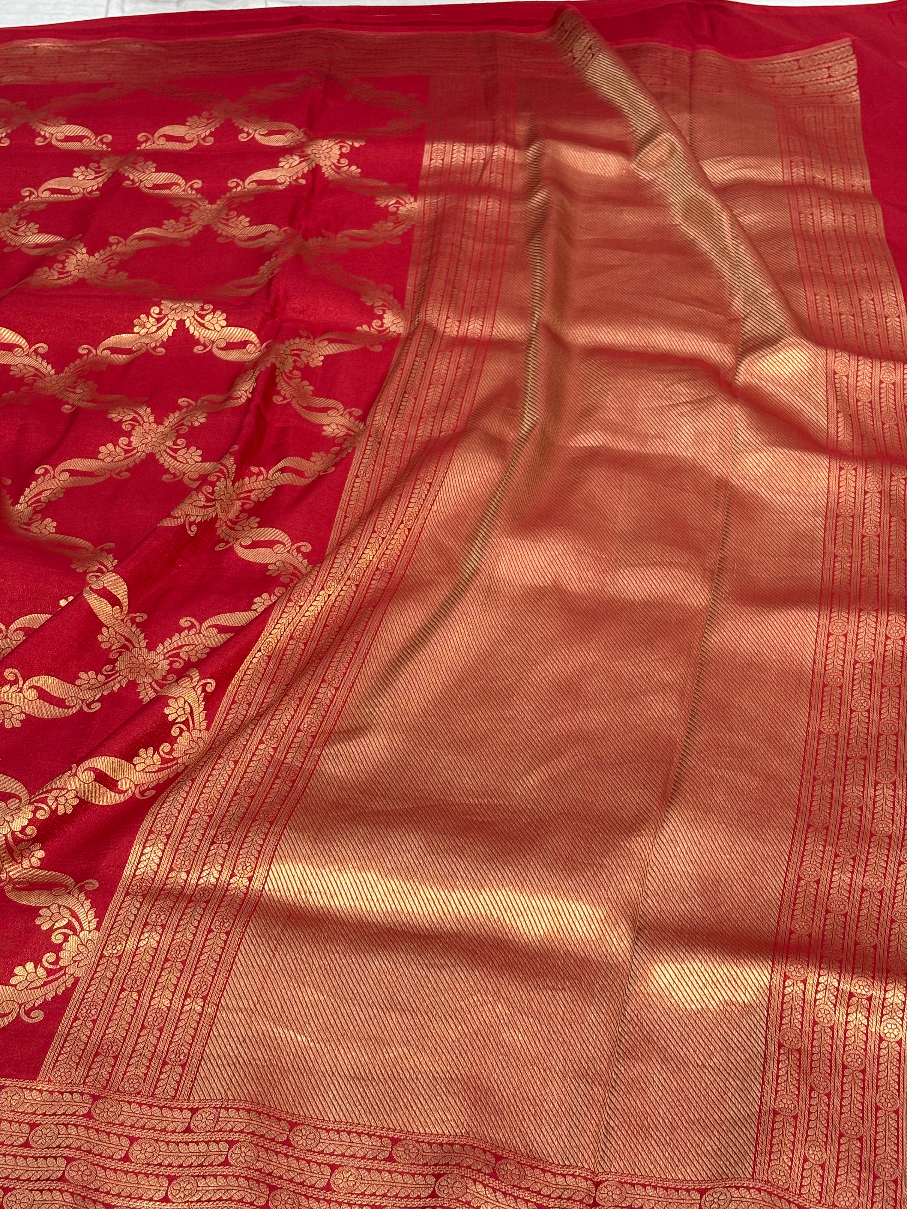 Modern Banarasi Red Pure Katan Silk Jaal Saree