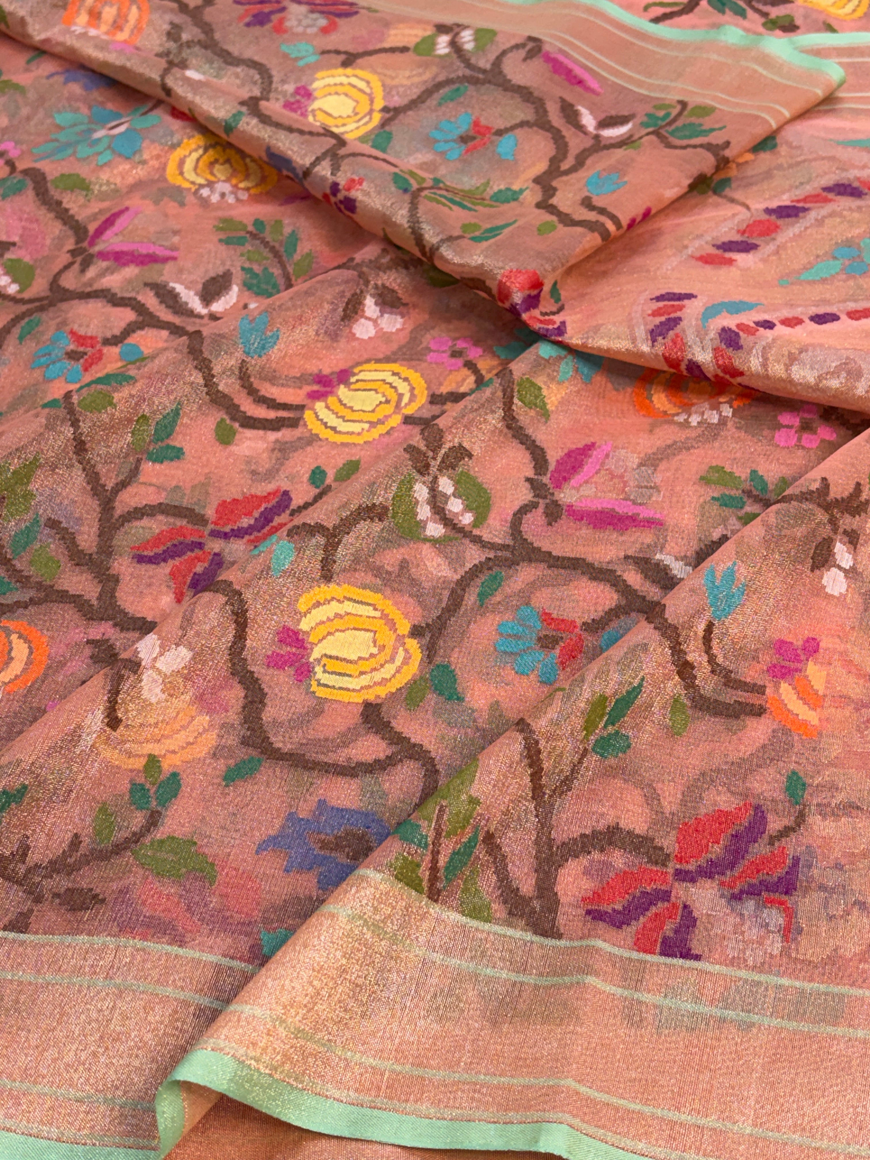Peach Handwoven Real Zari Exclusive Tissue Jamdani Saree