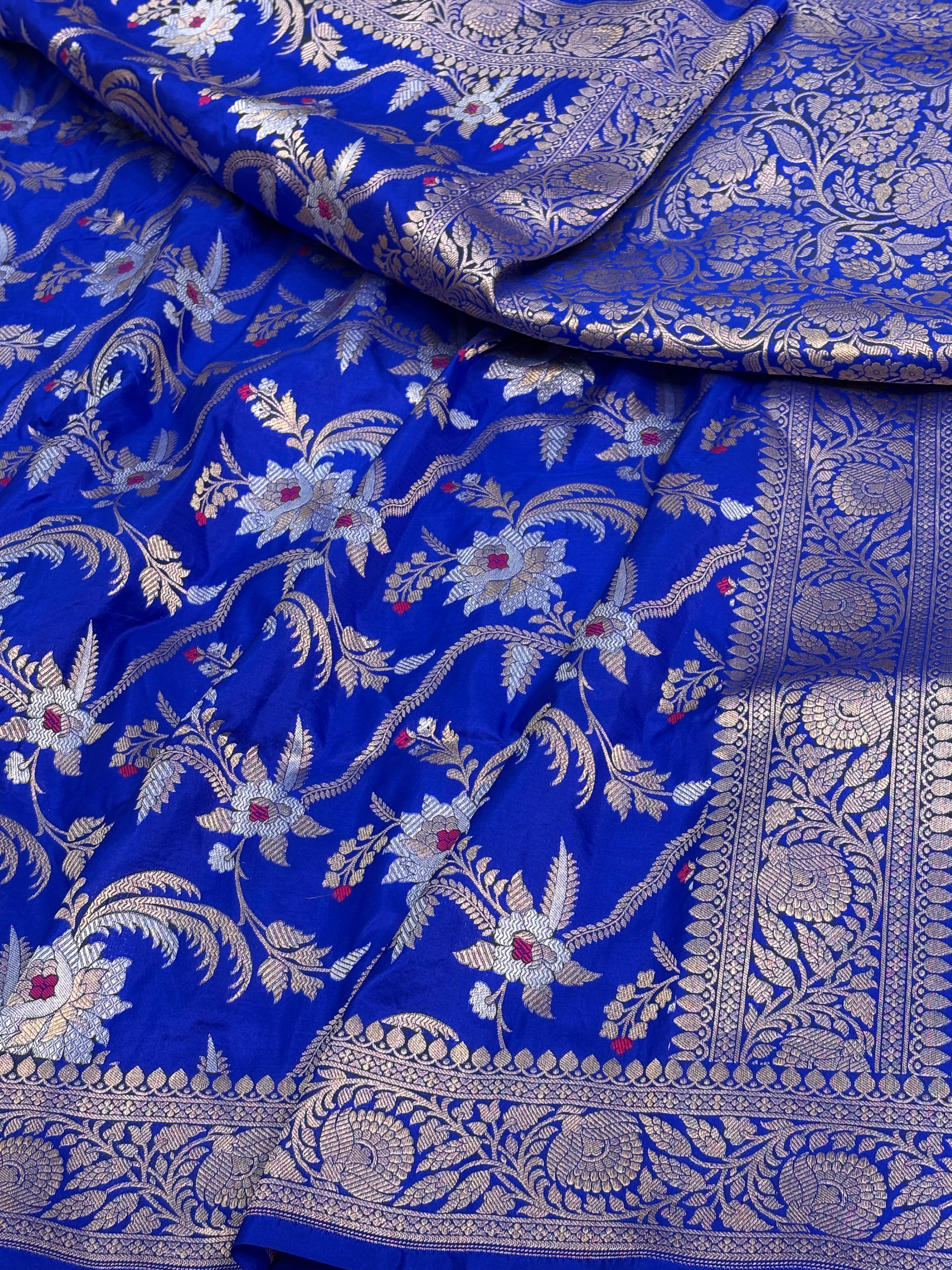 Blue Banarasi Tilfi Meenakari Jaal Weaving Saree with Roopa Sona Zari