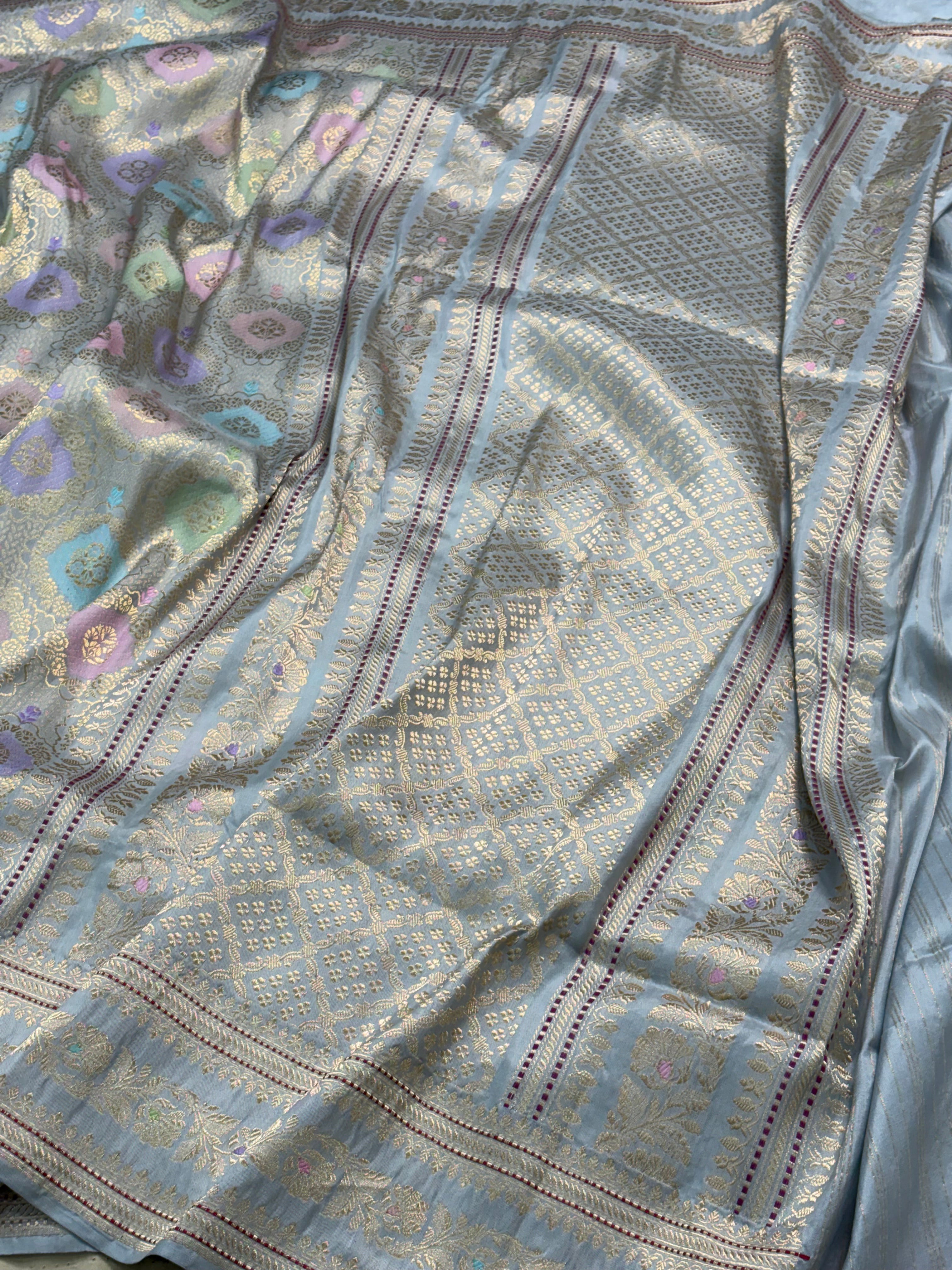 Powder Blue Pure Banarasi Rankaat Handwoven Saree