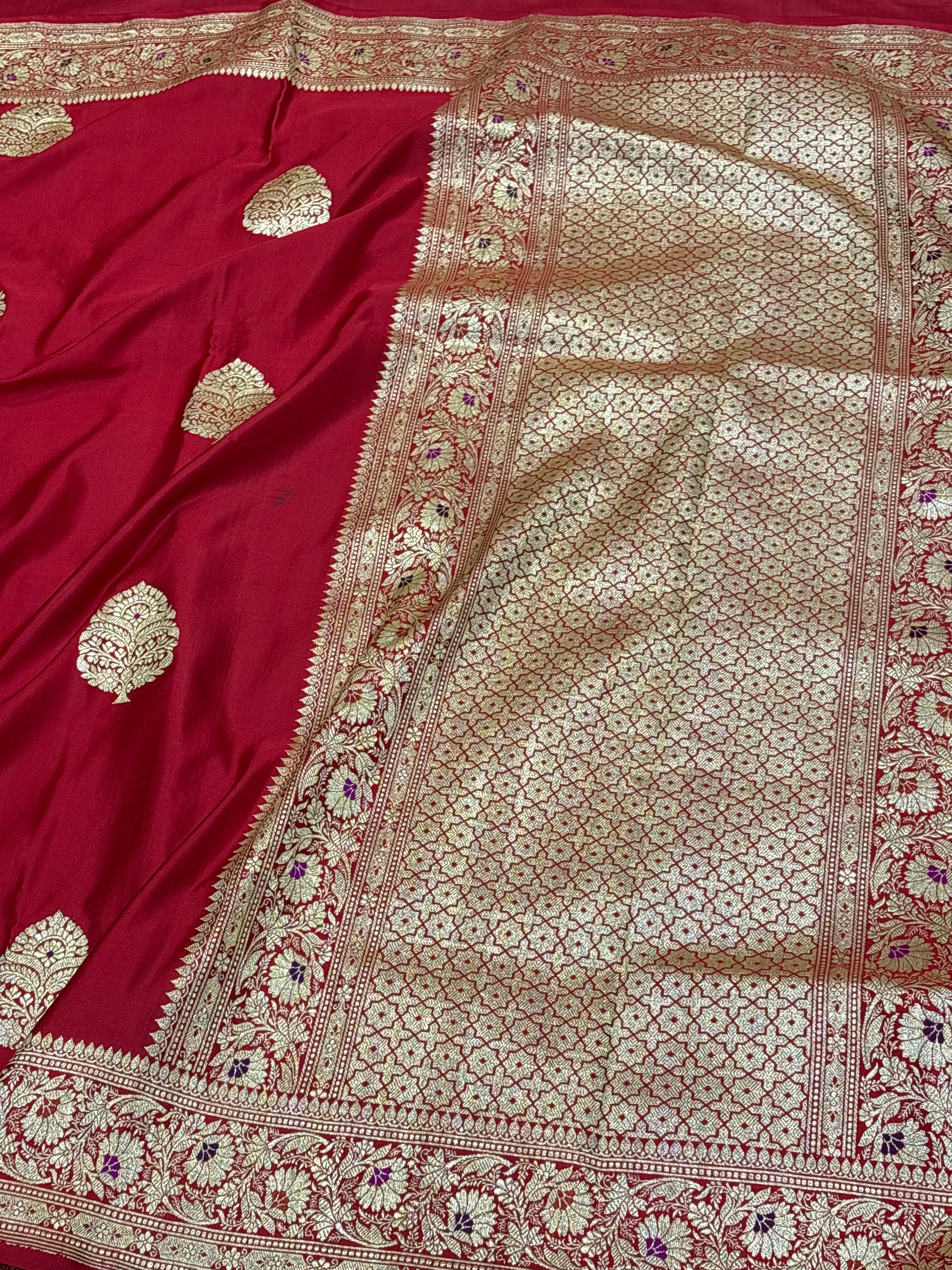 Red Handwoven Banarasi Satin Silk Saree with Meenakari Buta