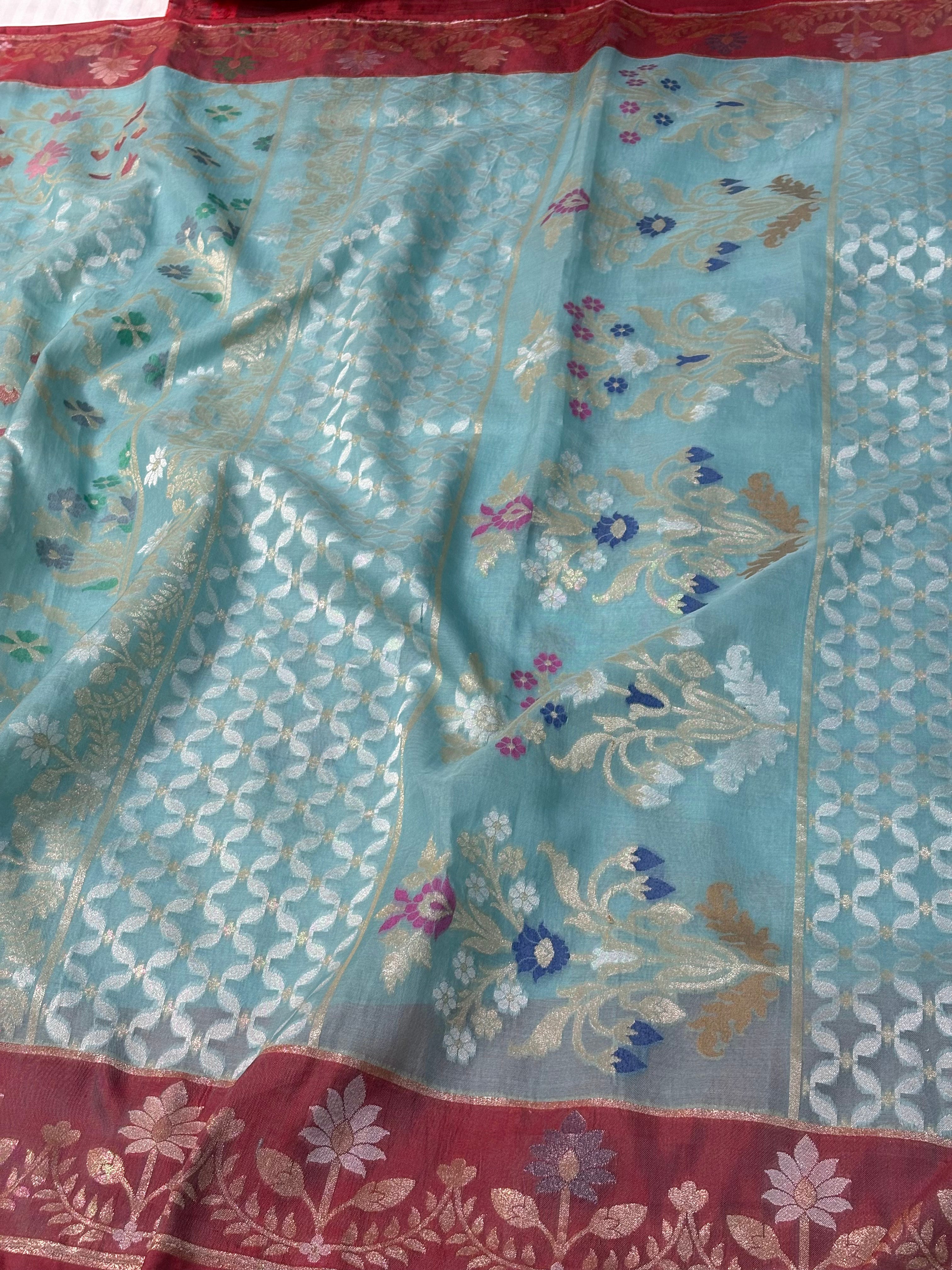 Sky Blue Banarasi Pure Kora Iktara Jamdani Saree with Red Satin Silk Border