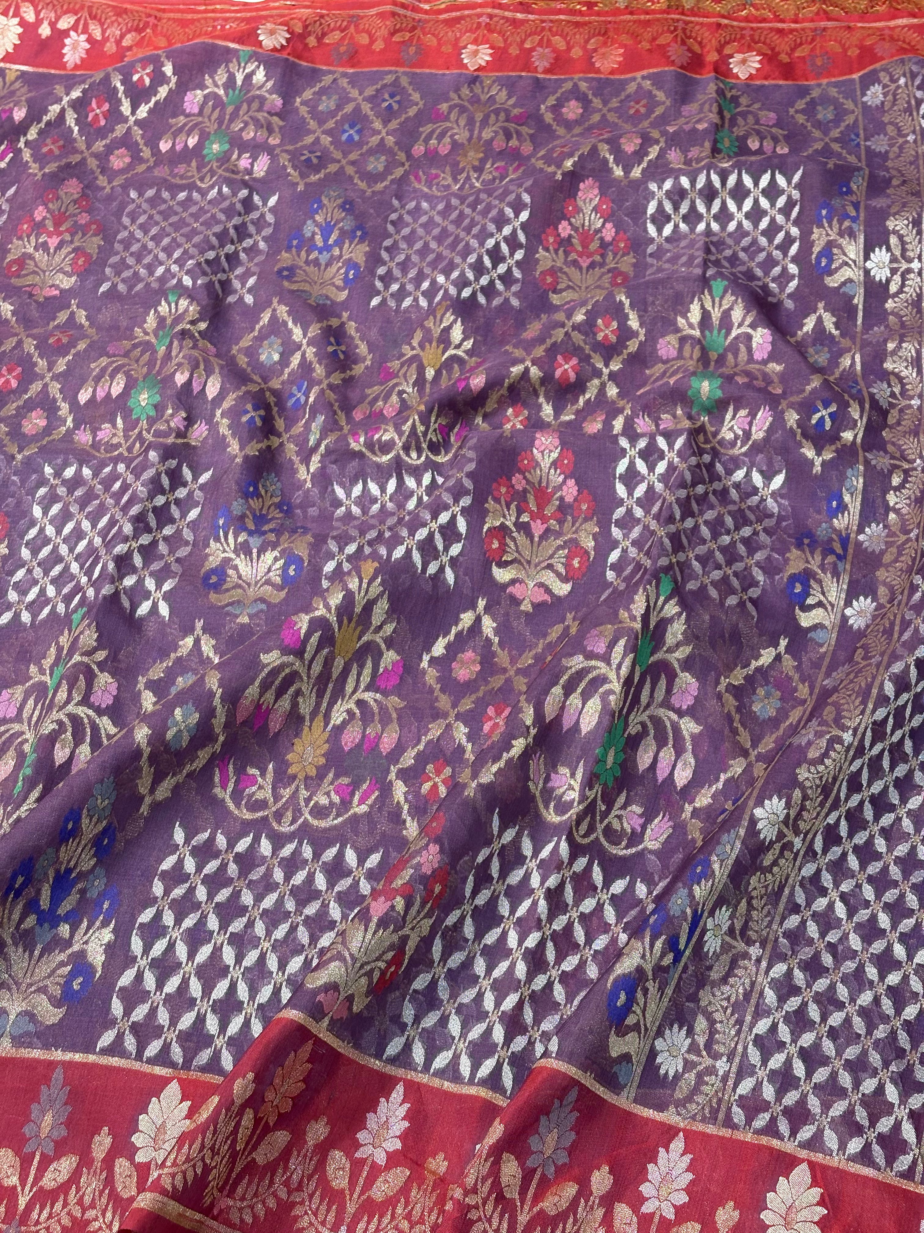 Mauve Banarasi Pure Kora Iktara Jamdani Saree with Red Satin Silk Border