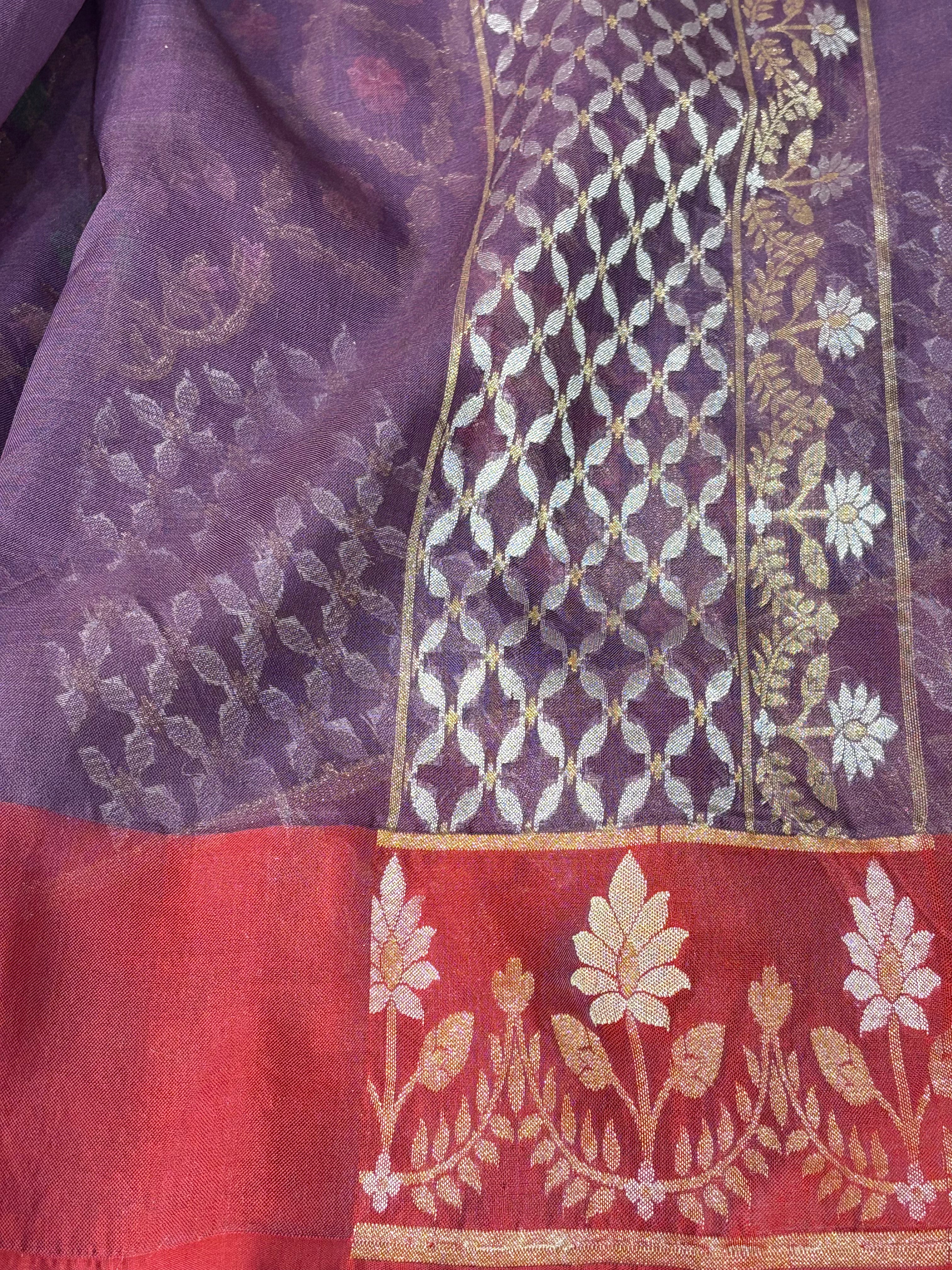 Mauve Banarasi Pure Kora Iktara Jamdani Saree with Red Satin Silk Border