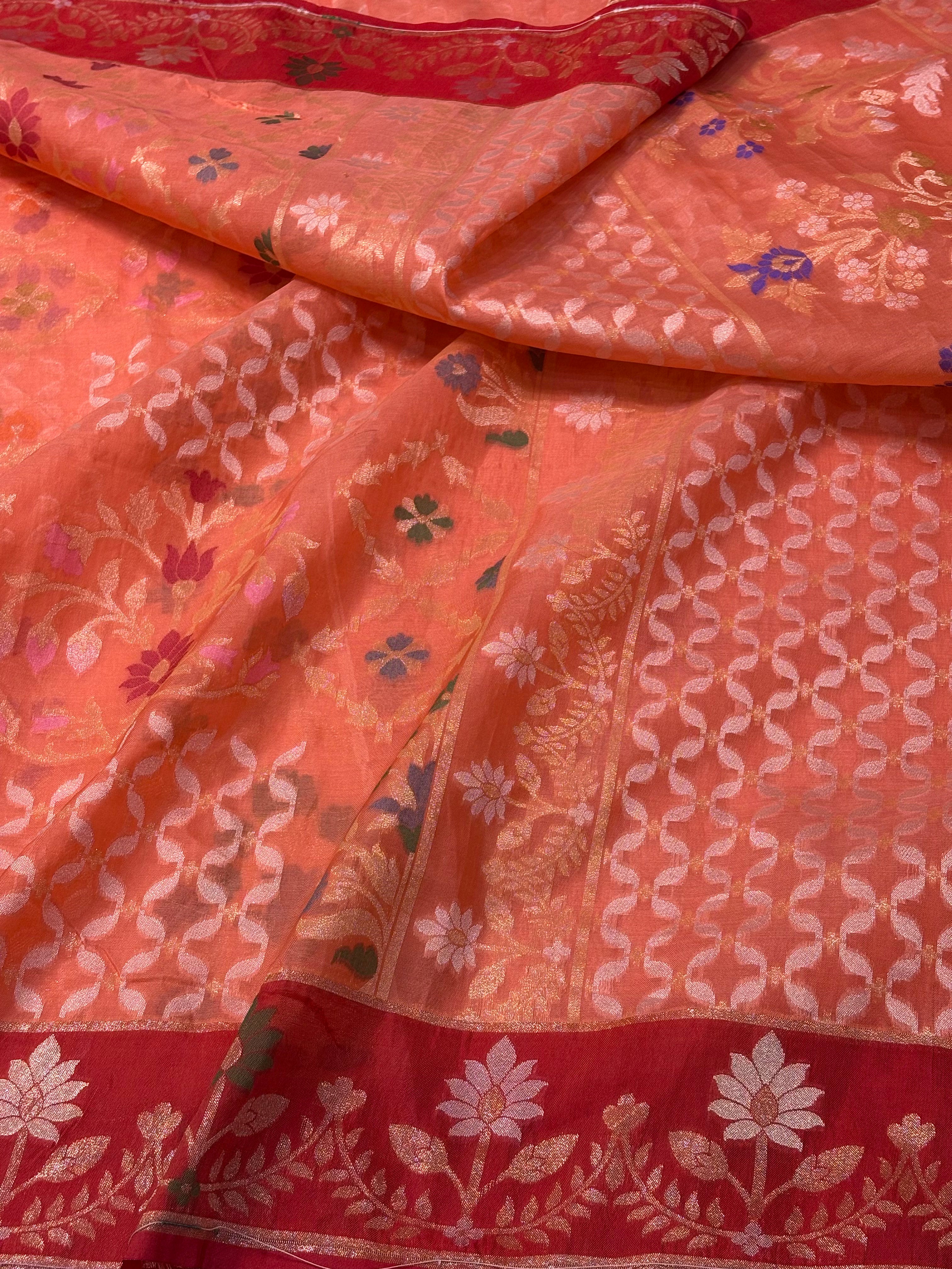 Peach Orange Kora Iktara Jamdani Handloom Banarasi Saree with Red Satin Silk Border