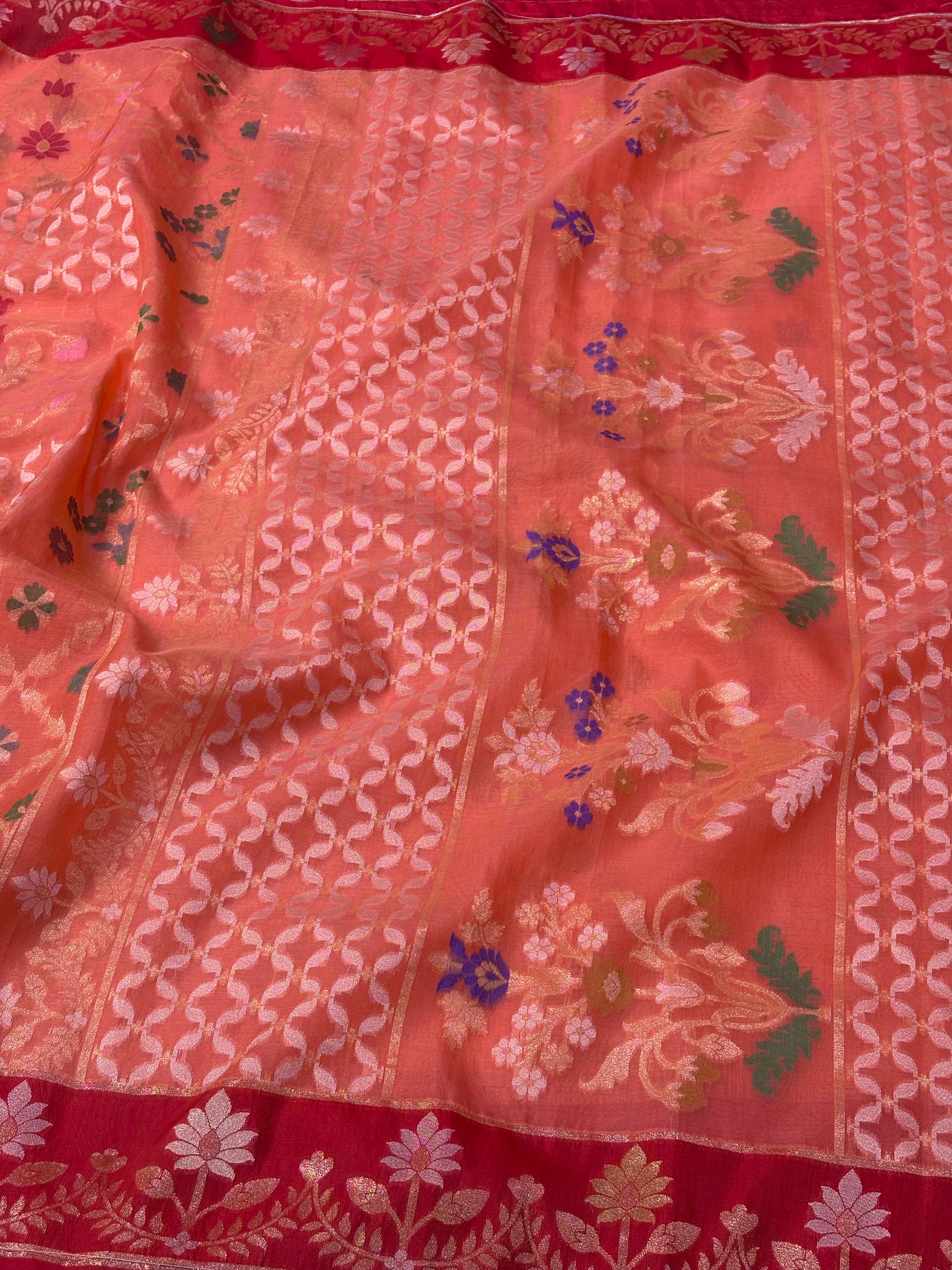Peach Orange Kora Iktara Jamdani Handloom Banarasi Saree with Red Satin Silk Border