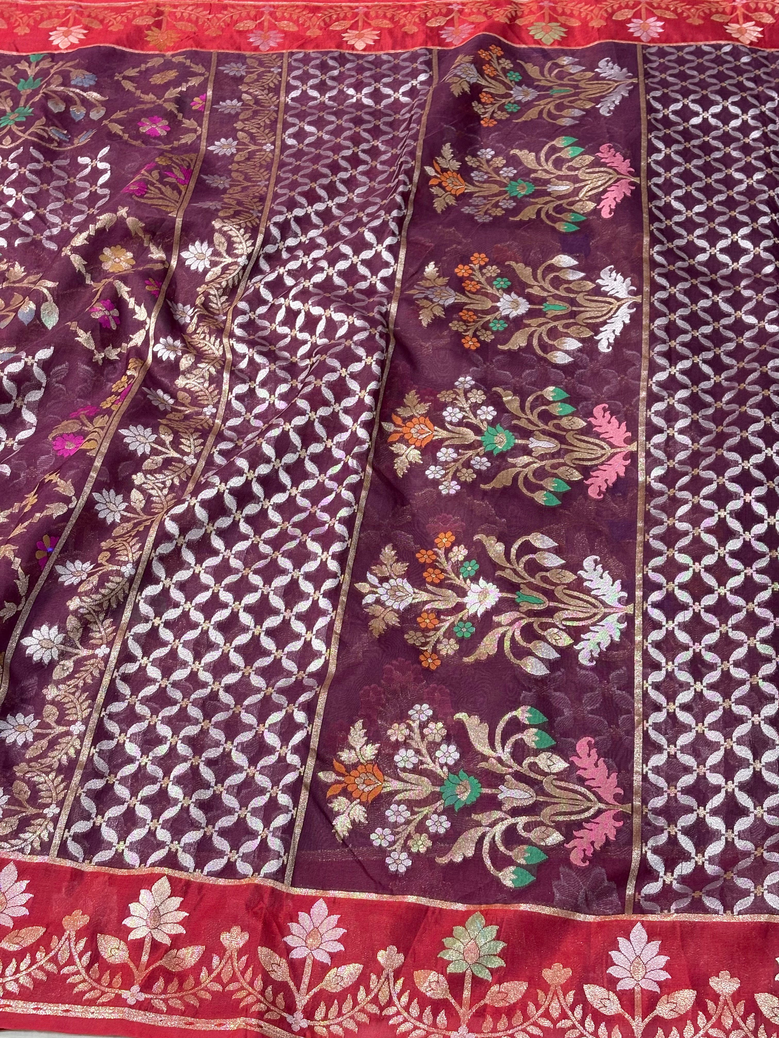 Pure Kora Iktara Wine Jamdani Handloom Banarasi Saree with Red Satin Silk Border