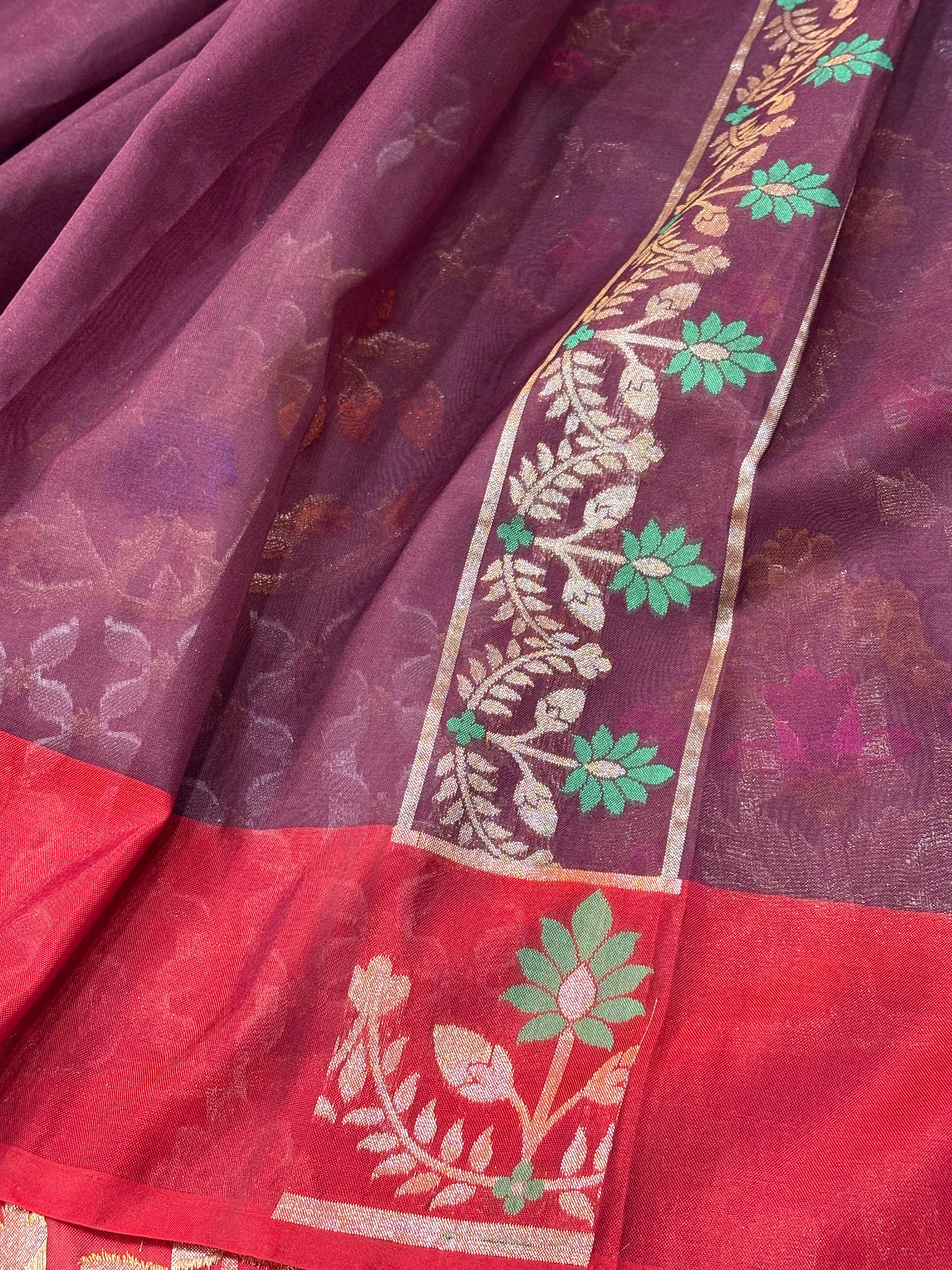 Pure Kora Iktara Wine Jamdani Handloom Banarasi Saree with Red Satin Silk Border