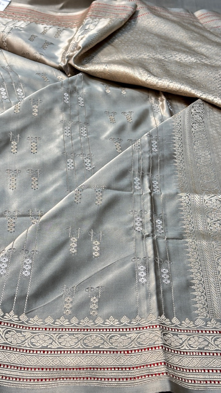 Frosted Dove Grey Satin Silk Banarasi Handwoven Saree