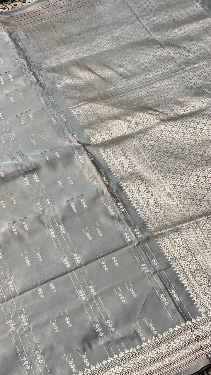 Frosted Dove Grey Satin Silk Banarasi Handwoven Saree