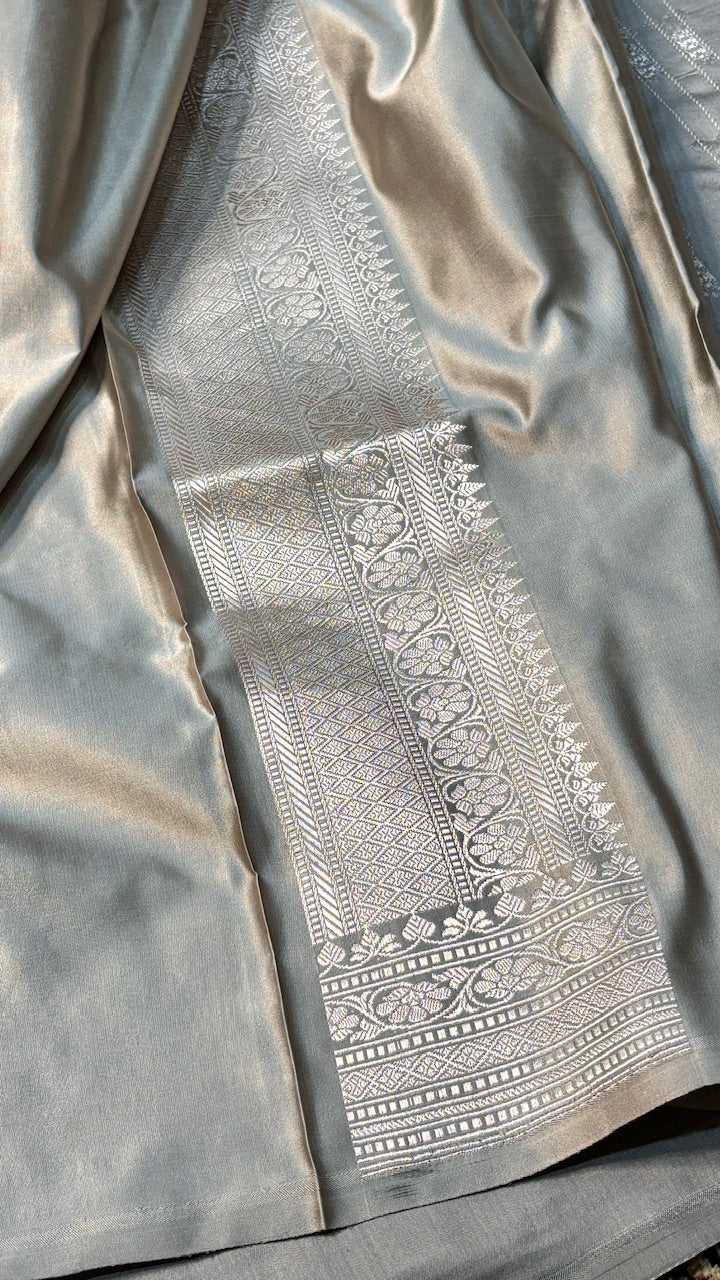 Frosted Dove Grey Satin Silk Banarasi Handwoven Saree