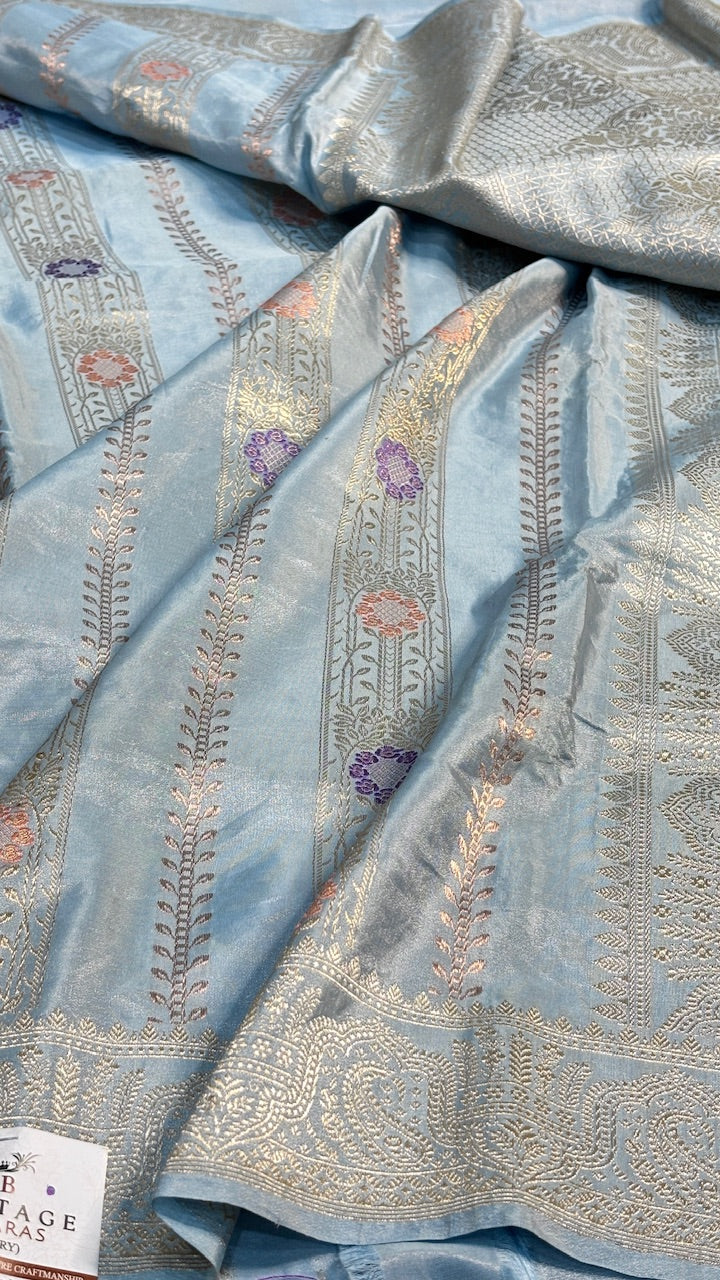 Powder Blue Tissue Banarasi Silk Handwoven Saree