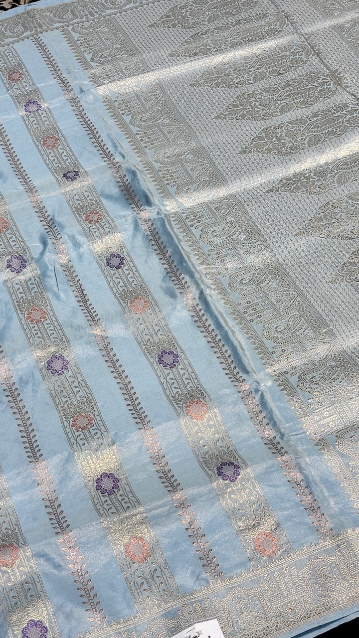 Powder Blue Tissue Banarasi Silk Handwoven Saree
