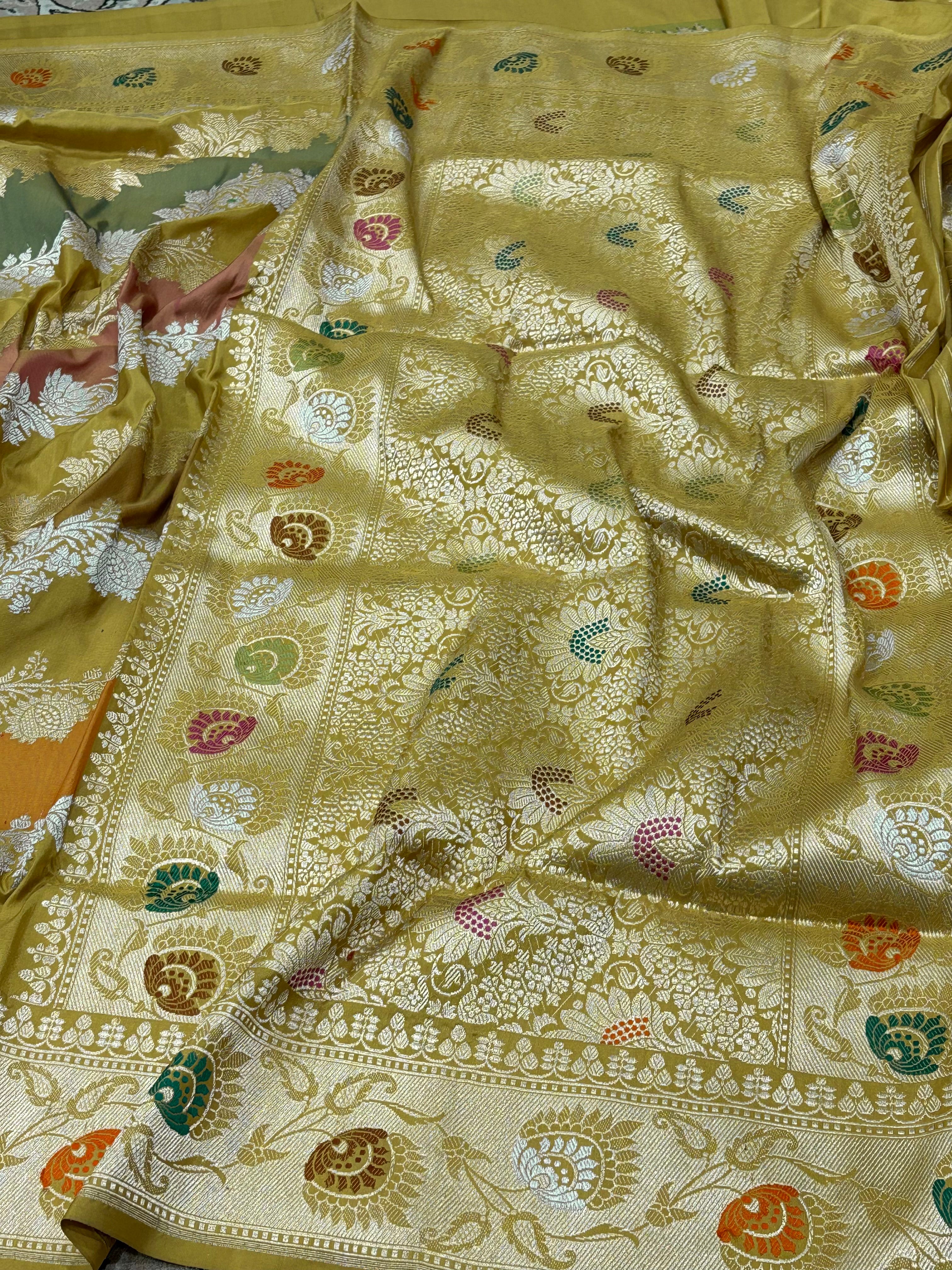 Mehndi Yellow Banarasi Pure Katan Silk Rangkaat Handwoven Saree