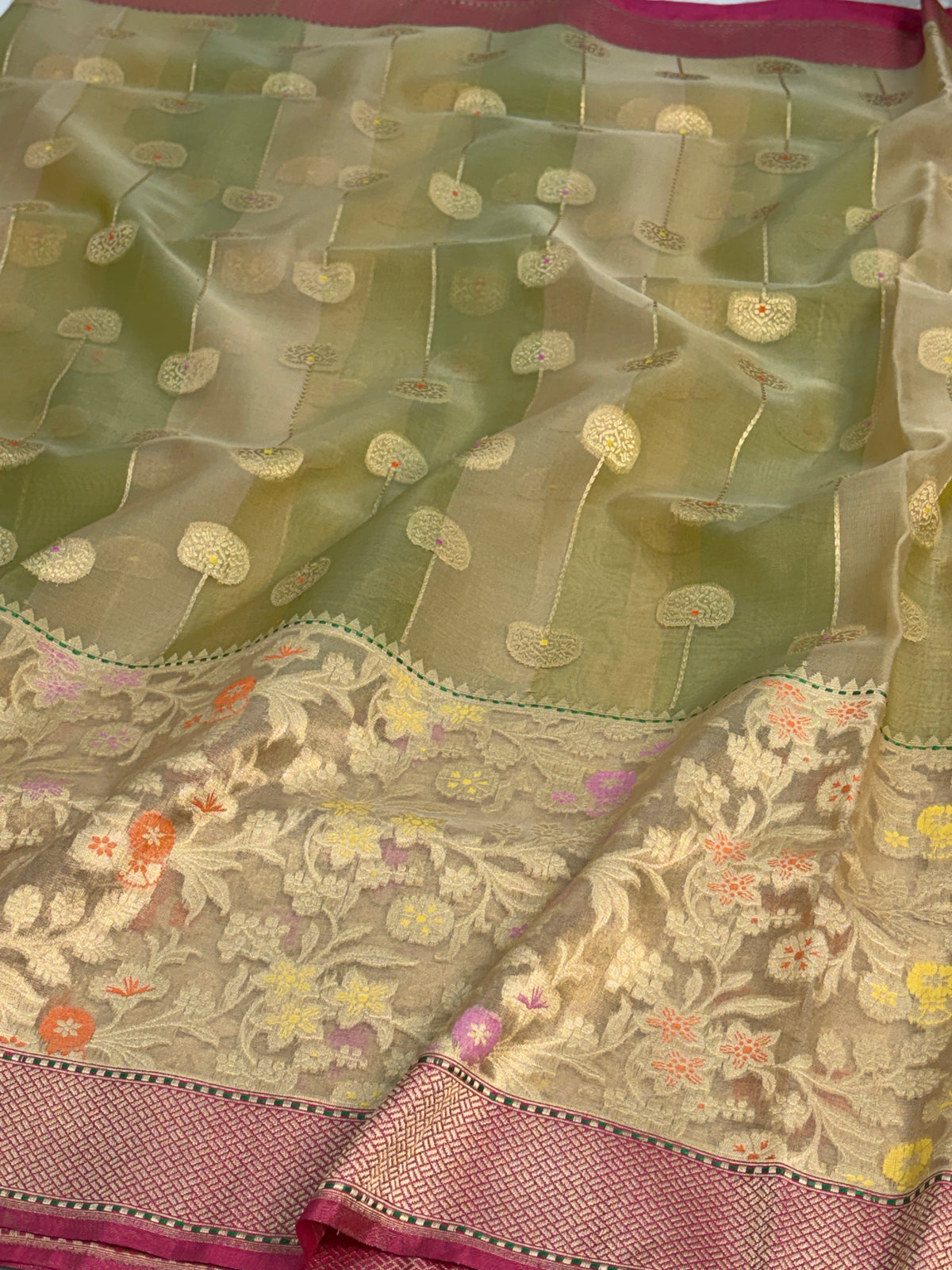 Handwoven Pure Banarasi Kora Silk Saree with Jaal Skirt Work