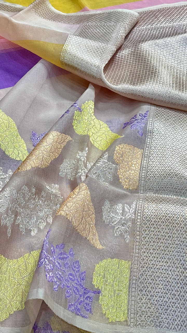 Baby Pink Banarasi Kora Silk Handwoven Saree