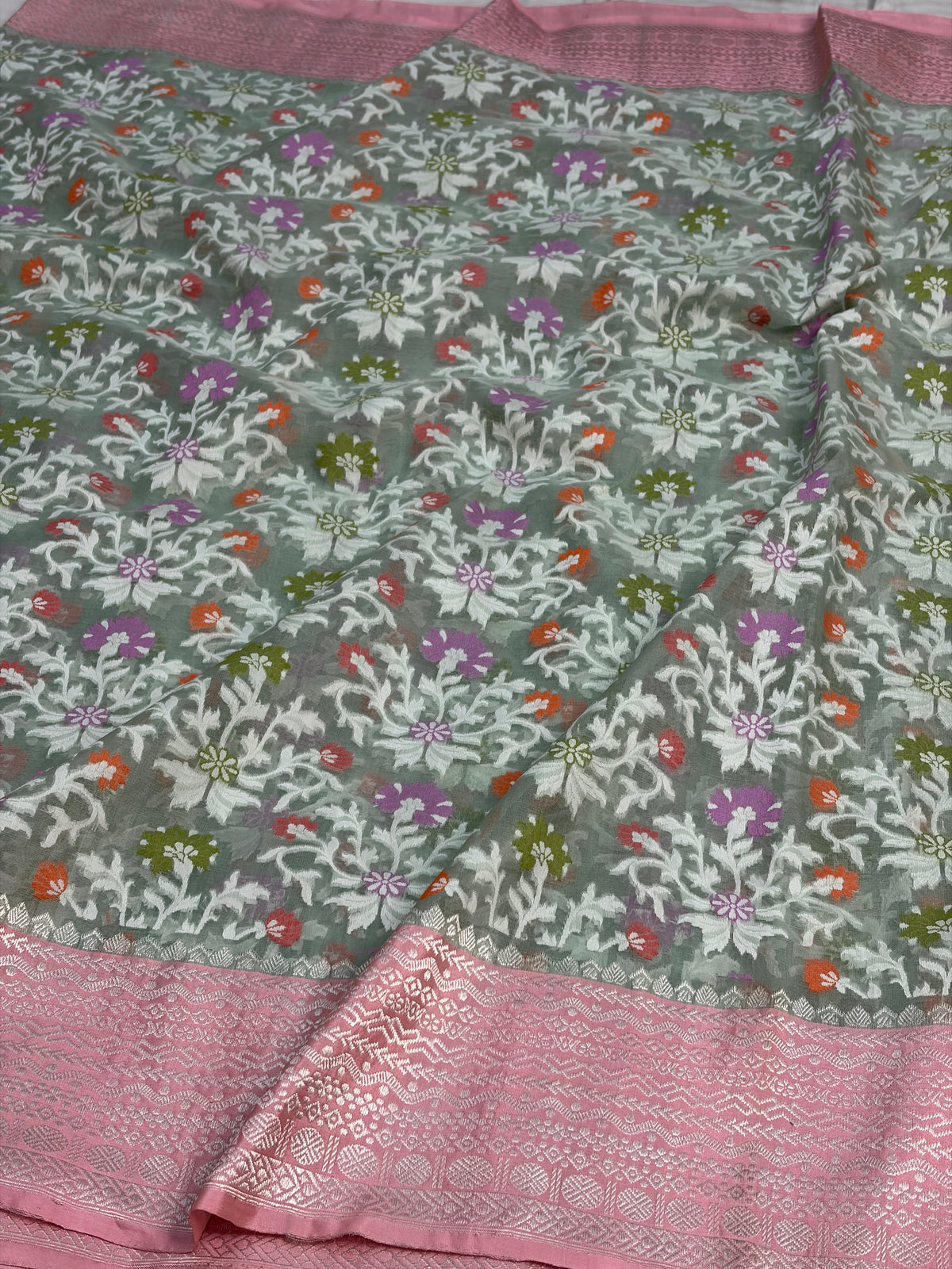 Sea Green Handwoven Pure Banarasi Cotton Jamdani Saree with Baby Pink Kadhiyal Border
