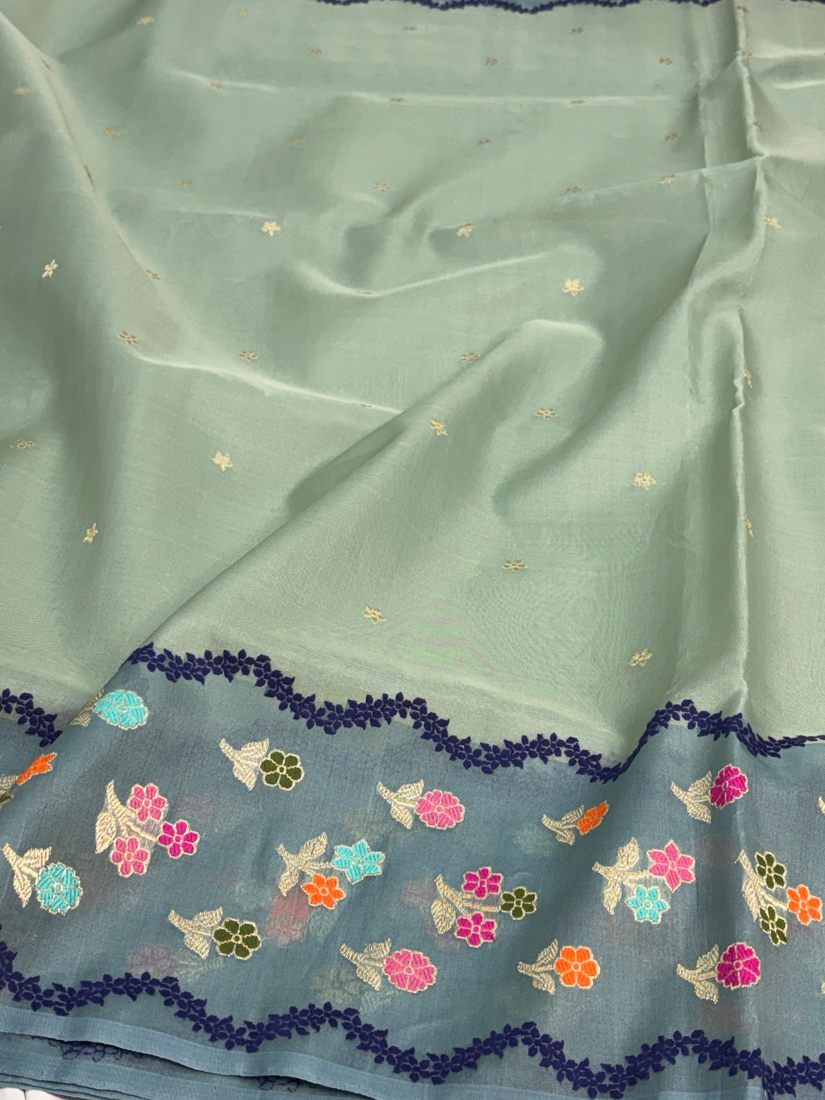 Sea Green Handwoven Pure Banarasi Kora Silk Saree with Sage Grey Border