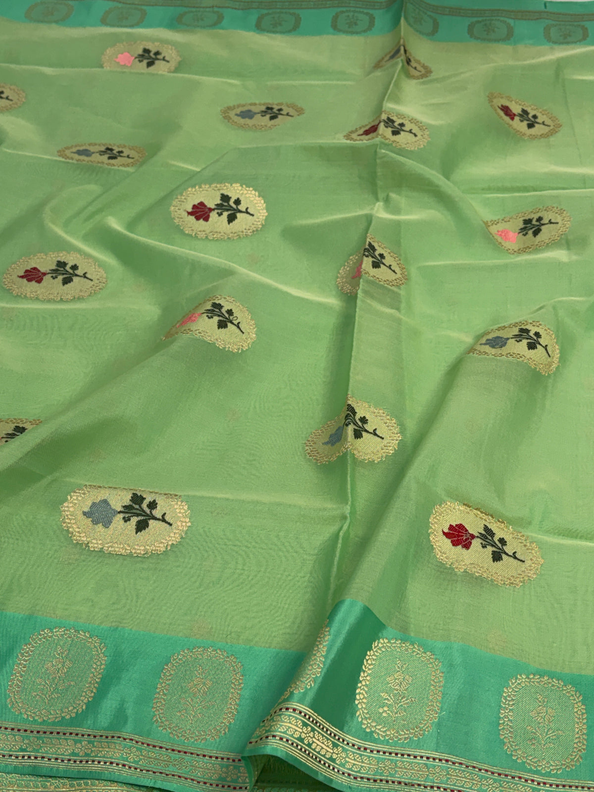 Aqua Turquoise Green Handwoven Pure BANARSI Kora Silk Saree