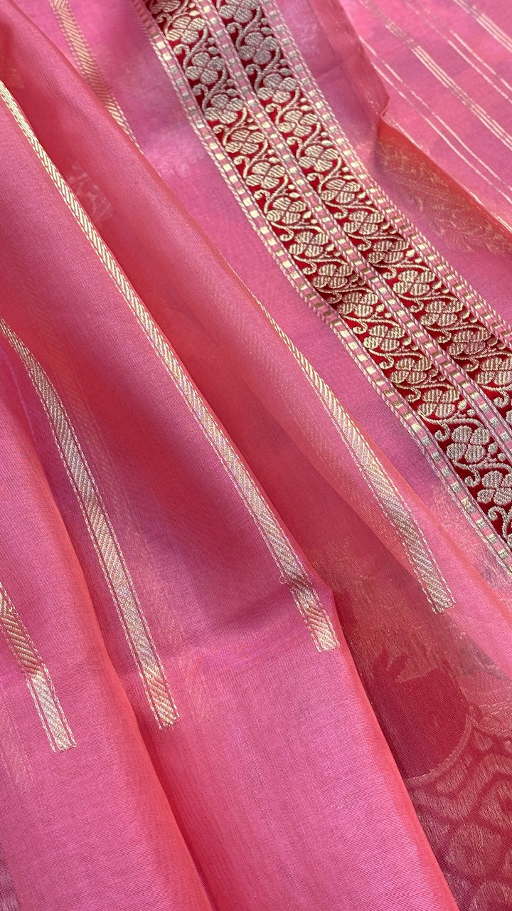 Peach Blossom Pink Banarasi Kora Silk Handwoven Saree